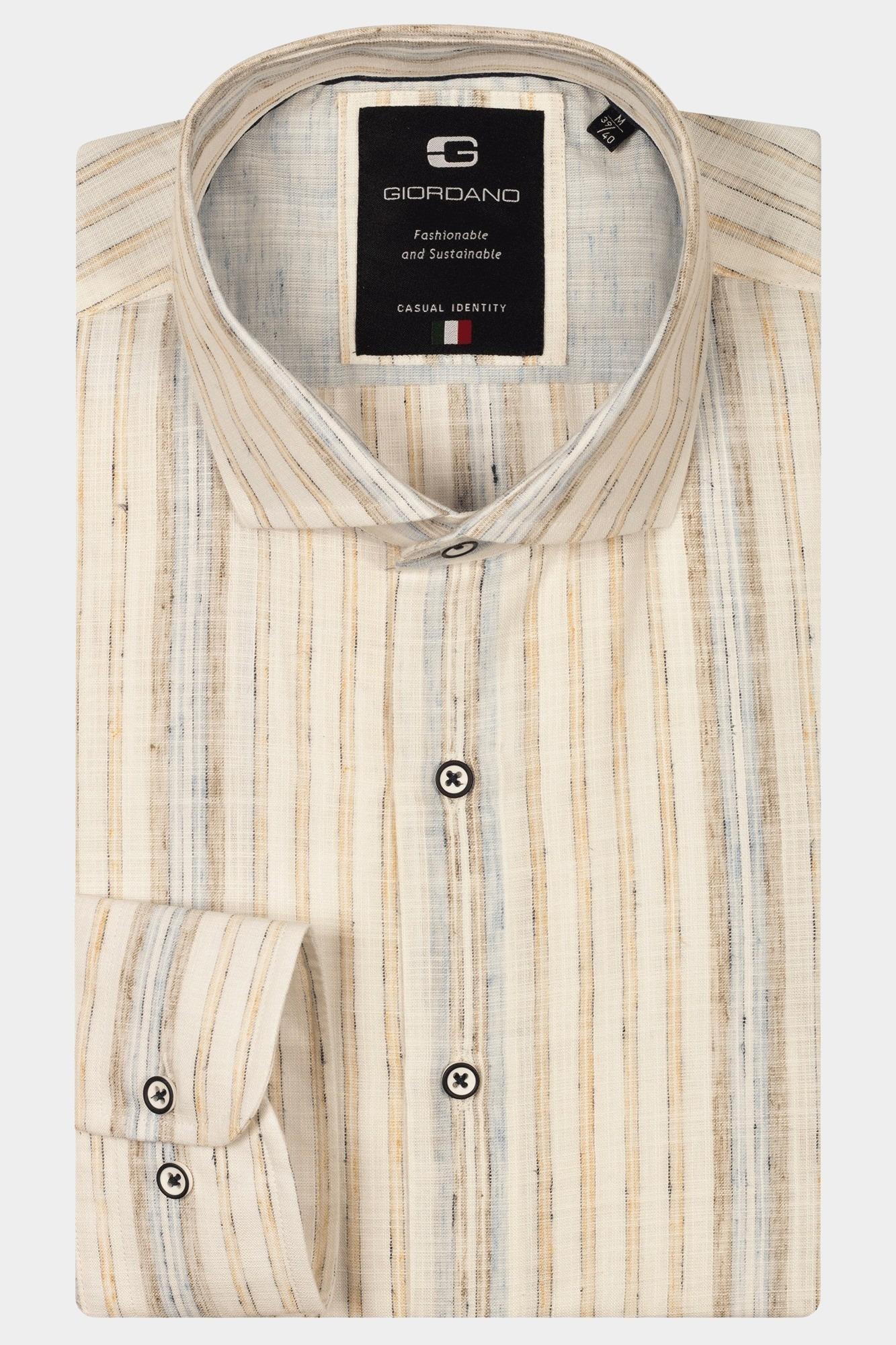 Giordano Casual hemd lange mouw Blauw Row Long sleeve cutaway Linen 517838/61