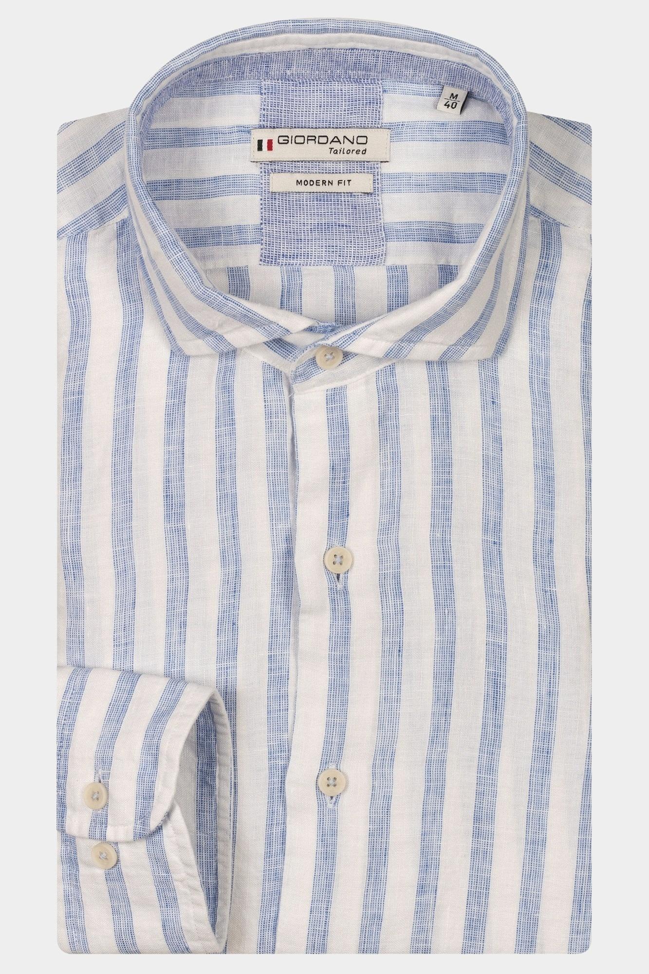 Giordano Casual hemd lange mouw Blauw Row long sleeve cutaway Linen 517844/62