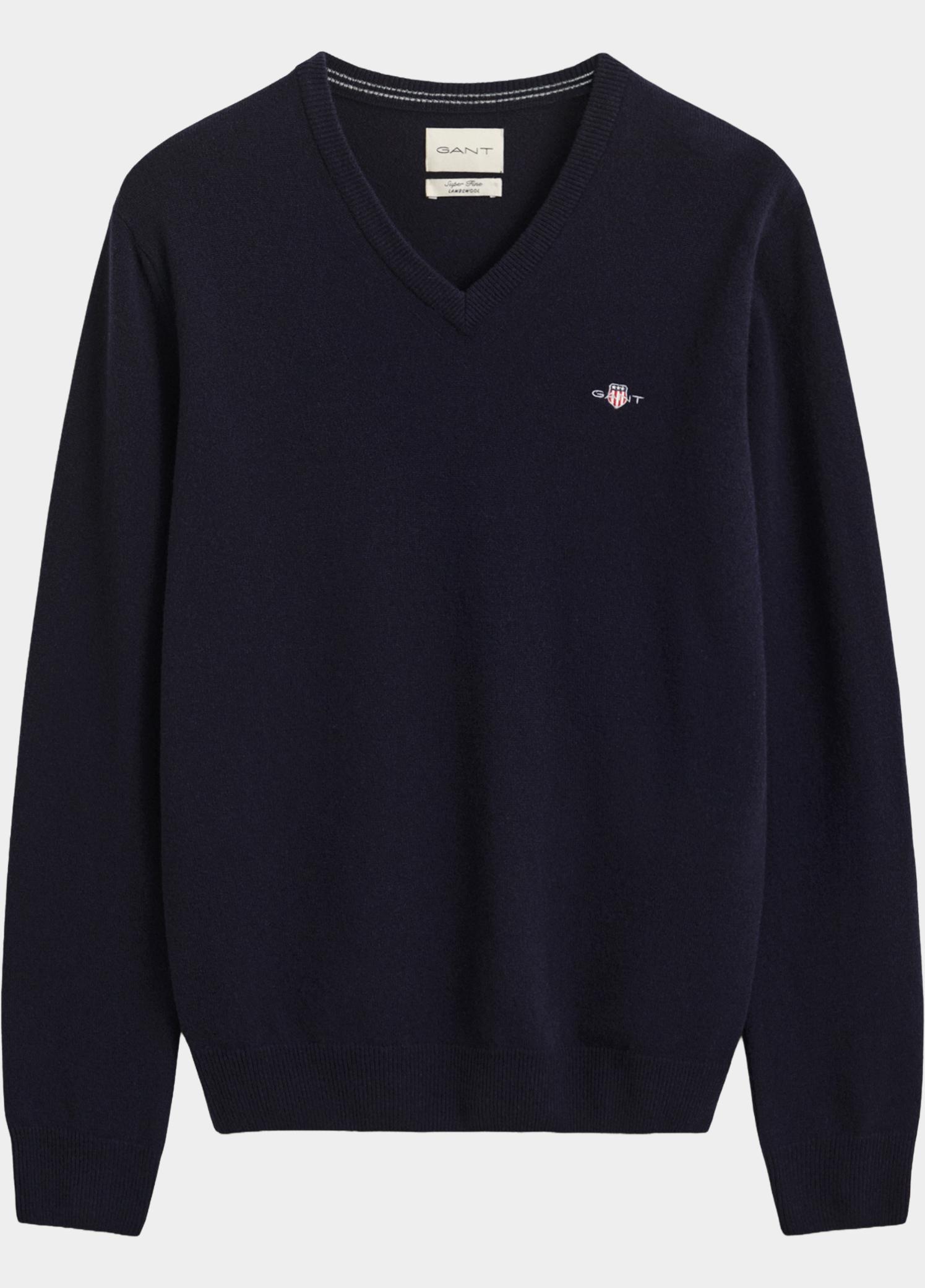 Gant Pullover heren Blauw Lamswollen trui met V-hals 87312/410