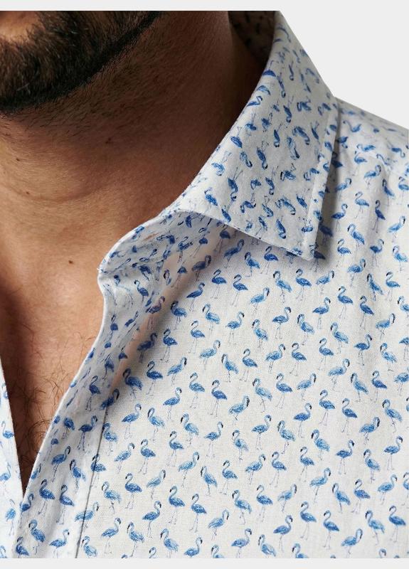 R2 Amsterdam Casual hemd korte mouw Blauw Blue flamingo seersucker shor 132.WSPSS.032/014