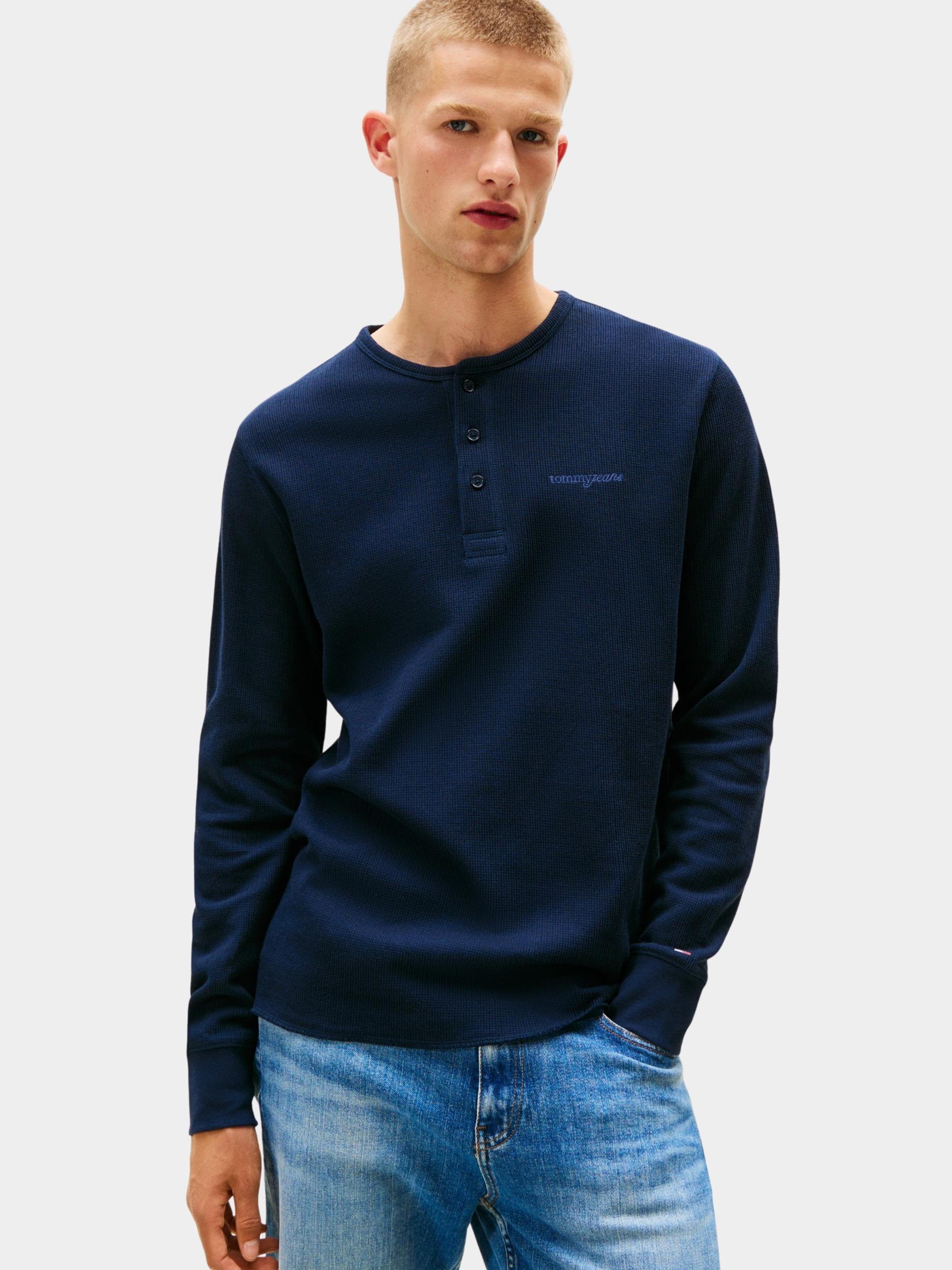 Tommy Jeans Polo lange mouw Blauw TJM SLIM WAFFLE SCRIPT HENLEY DM0DM21812/C1G