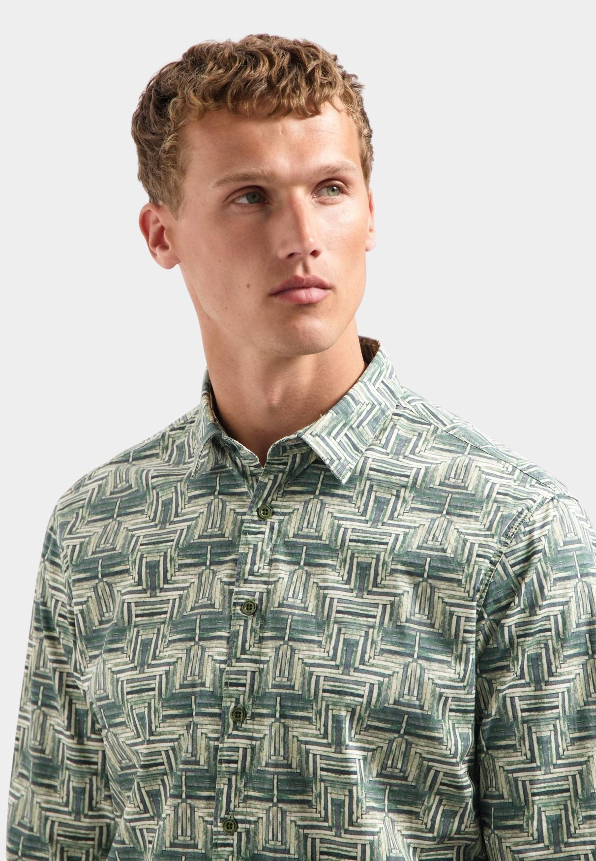 No Excess Casual hemd lange mouw Groen Shirt Stretch Allover Printed 29450701/052