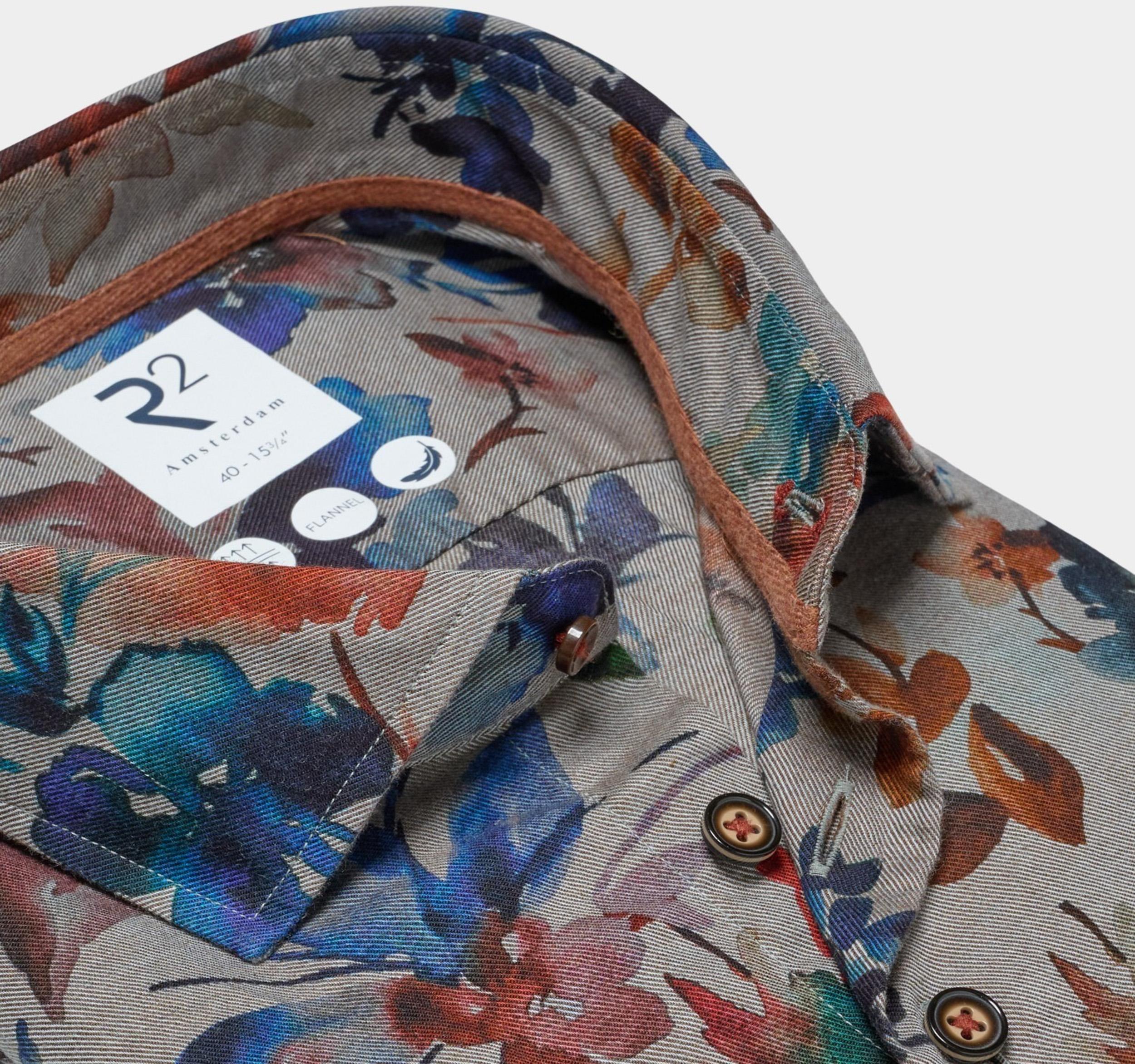 R2 Amsterdam Casual hemd lange mouw Multi Flower print on flannel 130.WSP.102/073