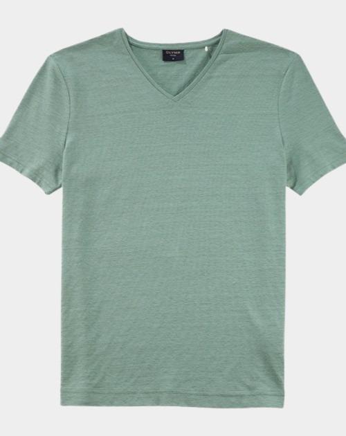 Olymp T-shirt korte mouw Groen Linen V-Neck T-Shirt 561552/88