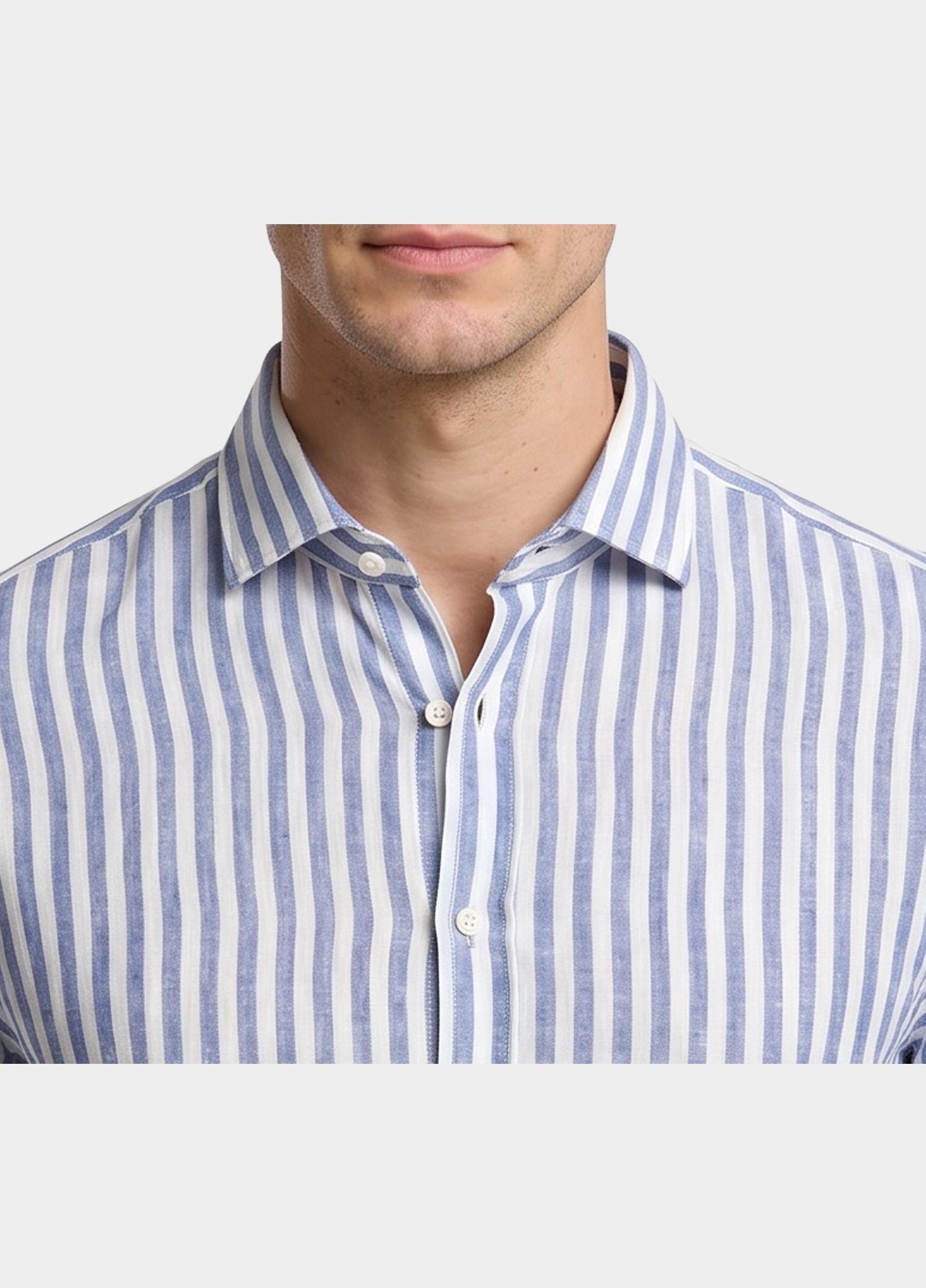Blue Coast Overhemd heren Blauw 100% linnen, lichtgroen streep 118R4/0018