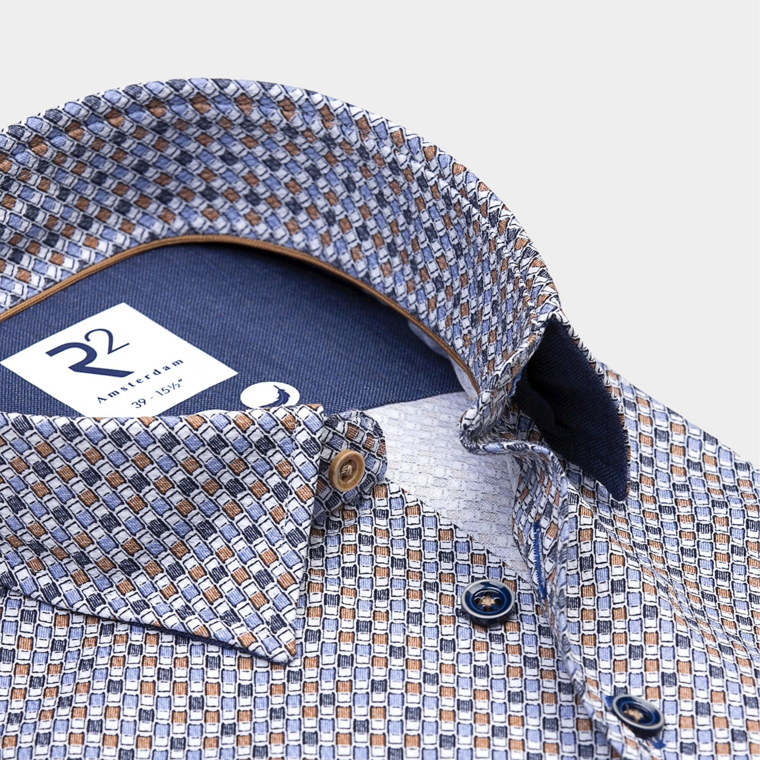 R2 Amsterdam Casual hemd lange mouw Blauw Hidden button down 122.HBD.014/014