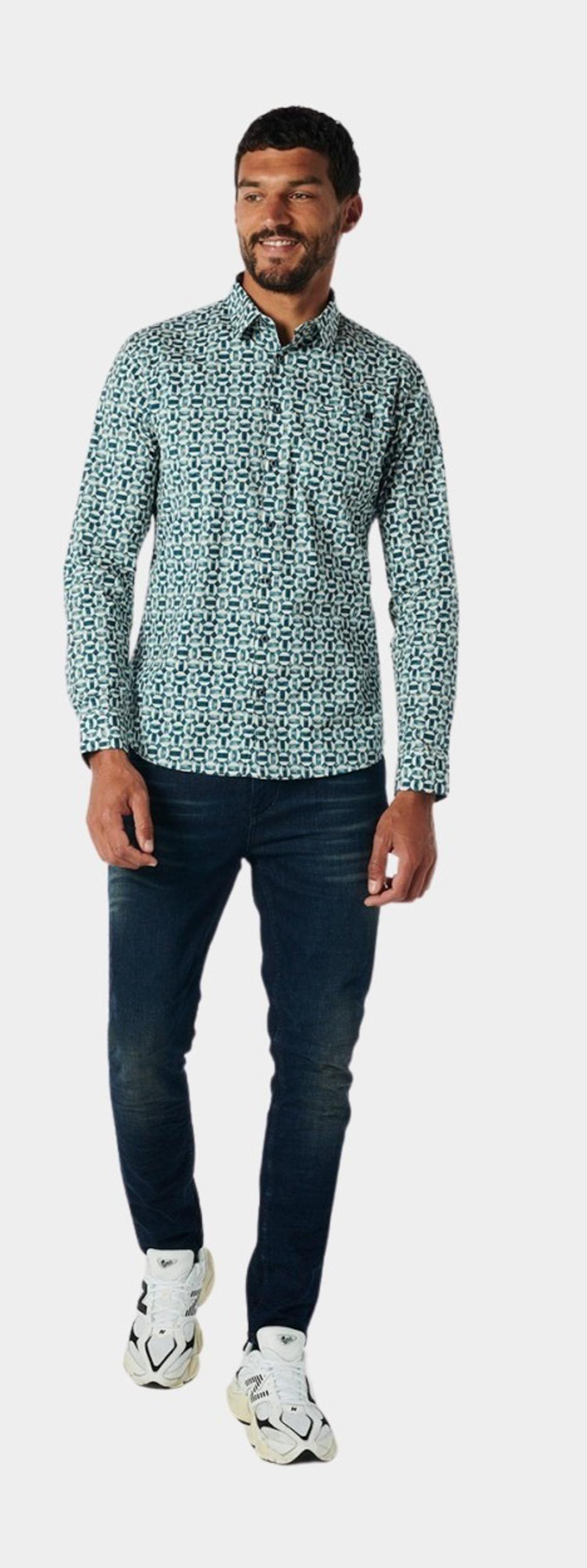 No Excess Casual hemd lange mouw Blauw Shirt Stretch Allover Printed 21430913/131