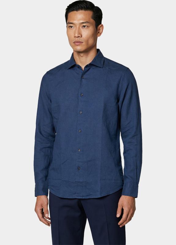 Bos Casual hemd lange mouw Blauw Linnen Shirt 5405.426/235