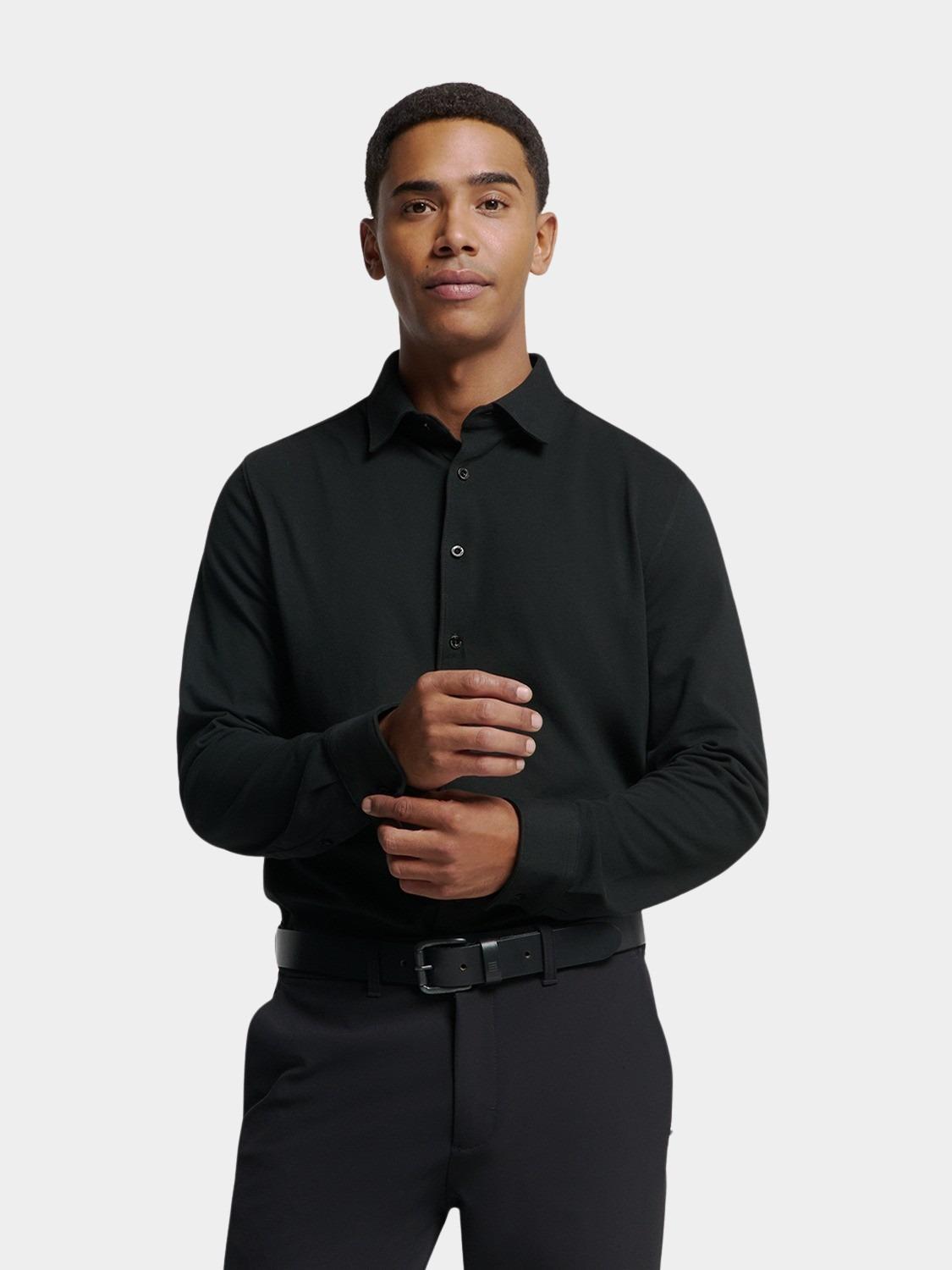 No Excess Casual hemd lange mouw Zwart Shirt Jersey Pique Stretch N4186/020