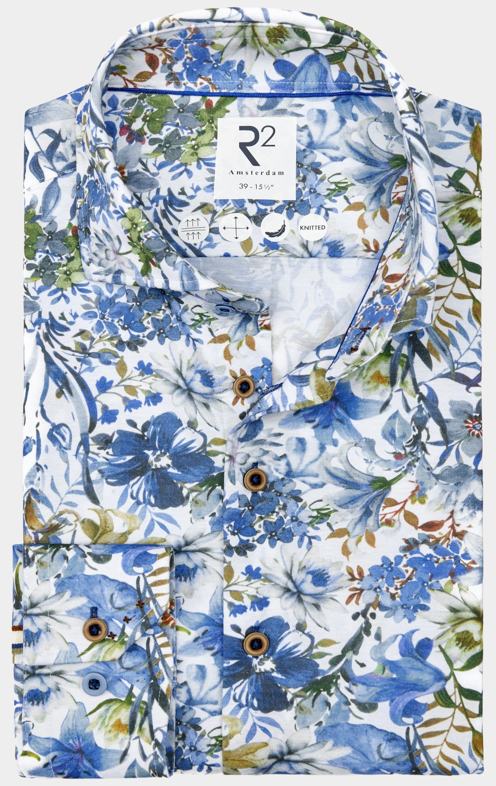 R2 Amsterdam Casual hemd lange mouw Blauw Blue flower print on cotton l 128.WSP.031/014