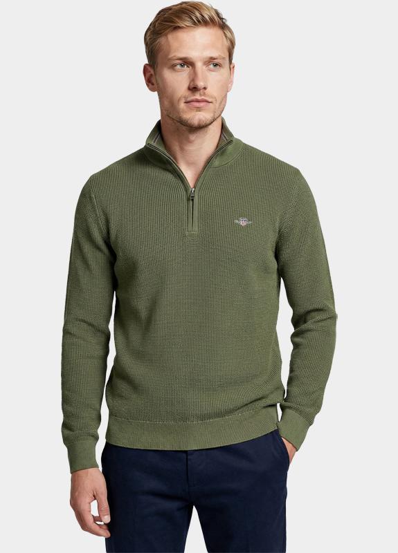 Gant Half Zip Groen Katoenen Textured sweater met 8030292/379