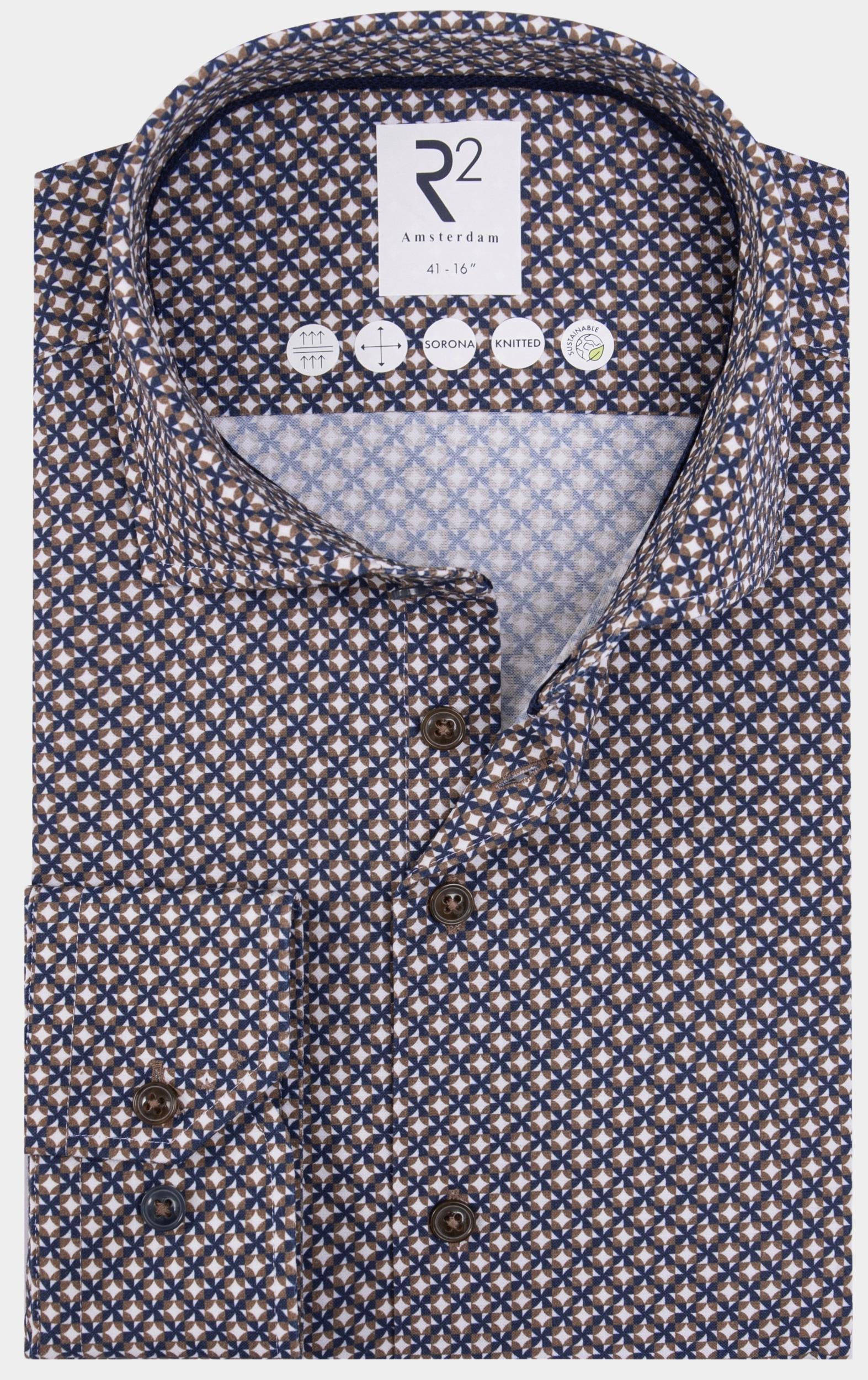 R2 Amsterdam Casual hemd lange mouw Multi Beige blue print on knitted 130.WSP.008/045