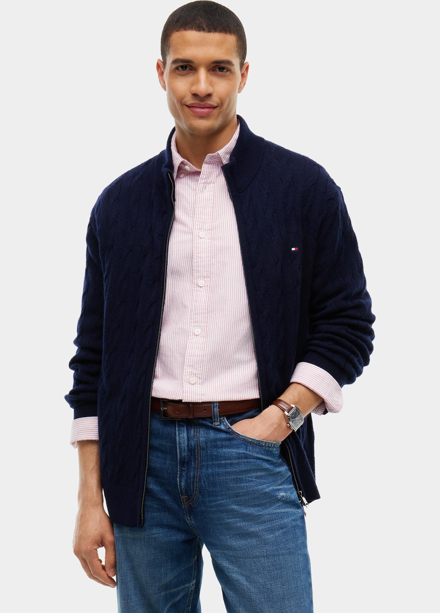 Tommy Hilfiger Vest heren Blauw LAMBSWOOL CABLE ZIP THROUGH MW0MW46353/DW5