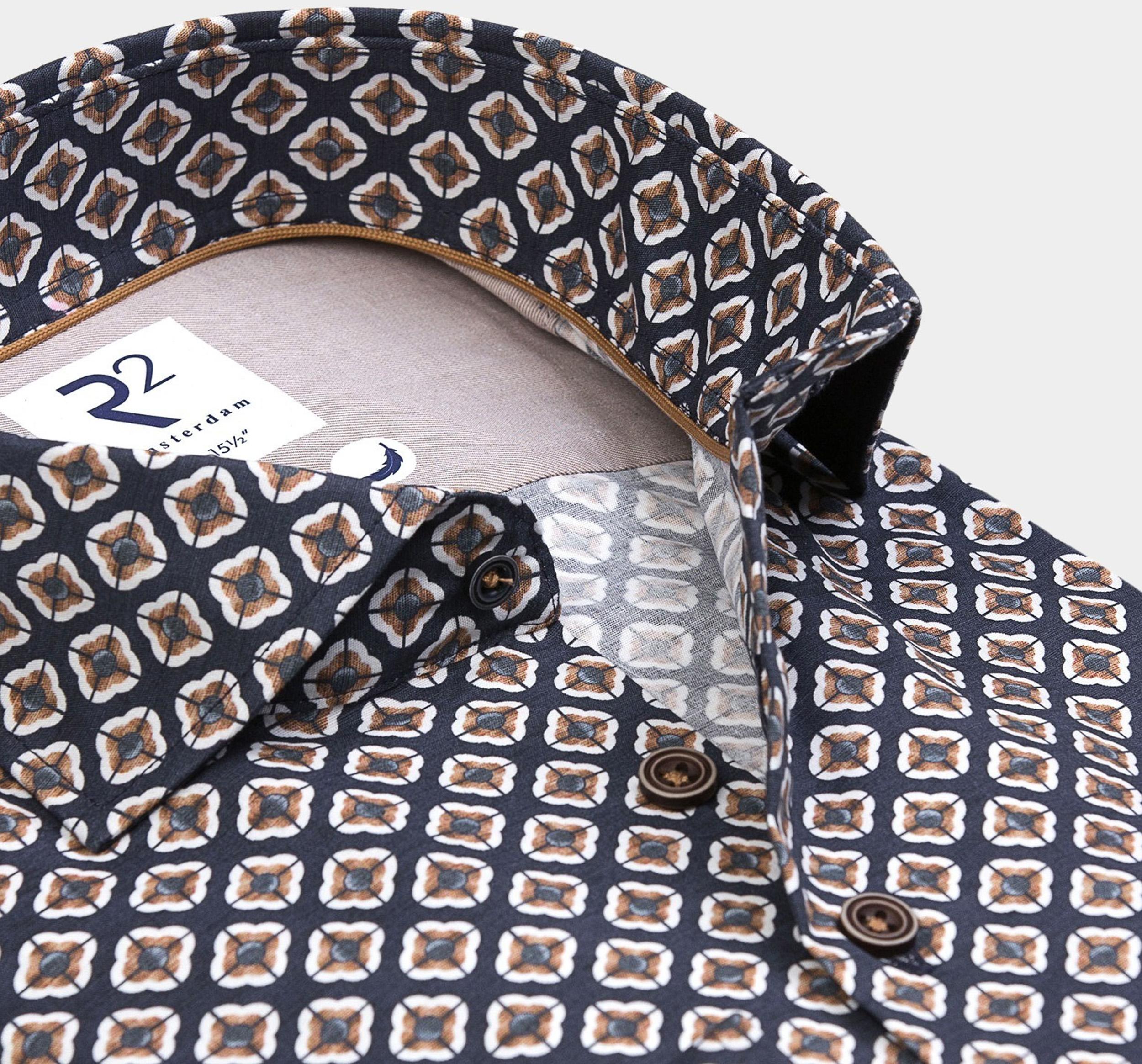 R2 Amsterdam Casual hemd lange mouw Blauw Navy beige print on poplin 130.WSP.063/010