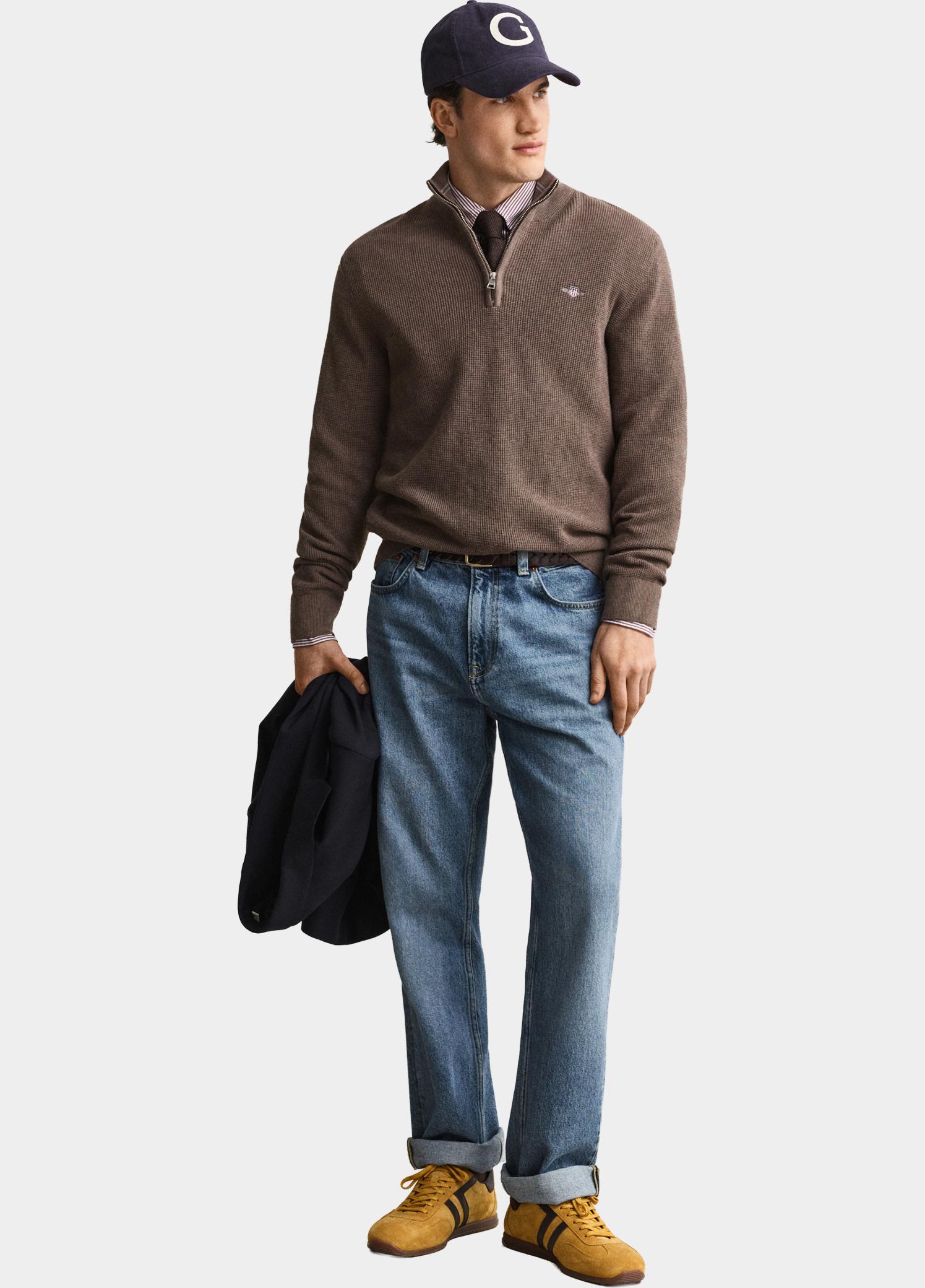 Gant Half Zip Bruin Katoenen Textured sweater met 8030292/294