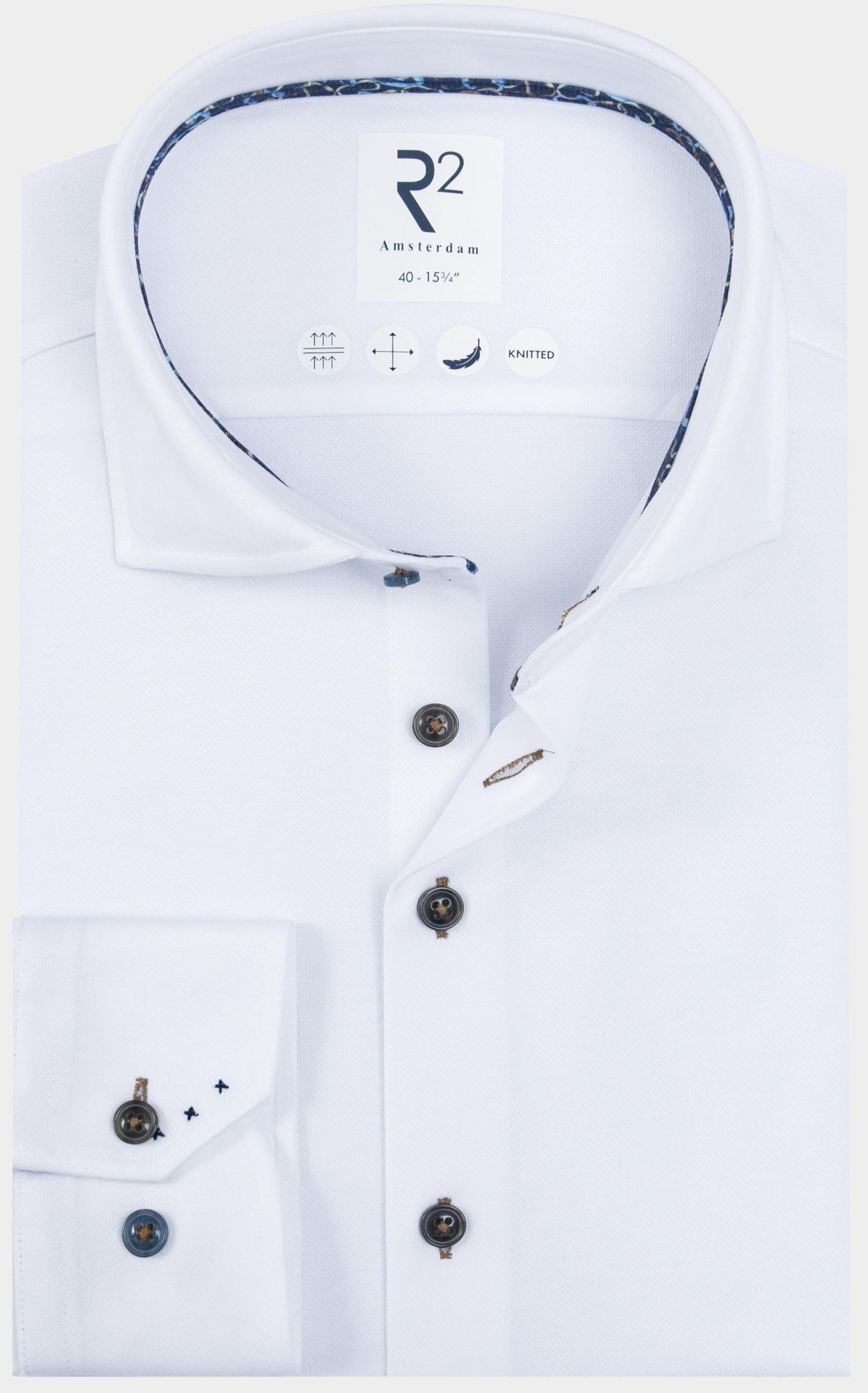R2 Amsterdam Casual hemd lange mouw Wit Solid dobby knitted 130.WSP.001/004