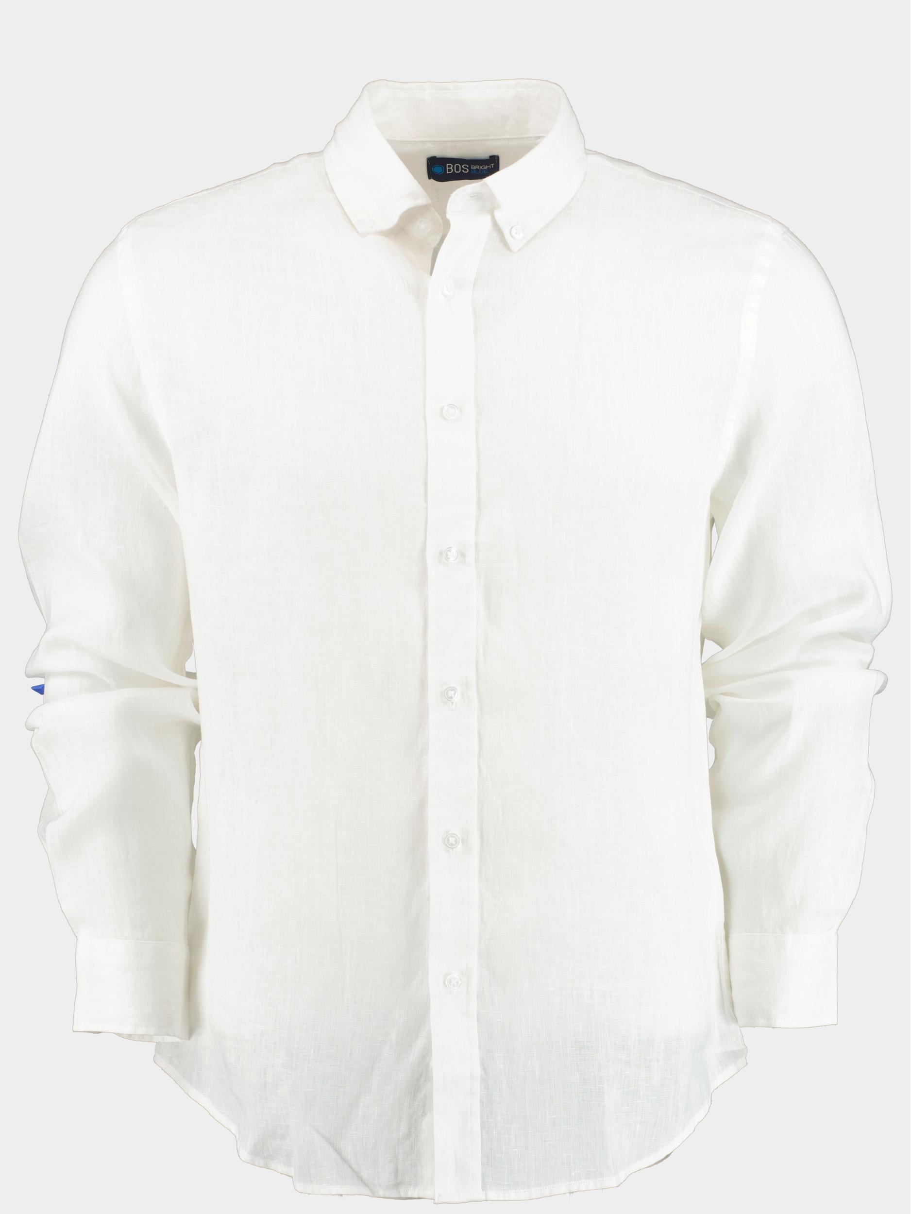 Bos Bright Blue Casual hemd lange mouw Wit Linnen shirt slim fit 9435900/100