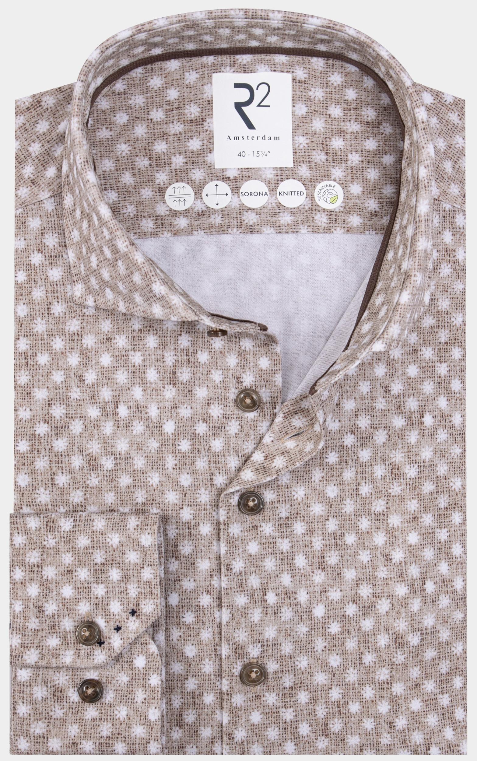R2 Amsterdam Casual hemd lange mouw Bruin Beige white flowers on knitte 130.WSP.007/045