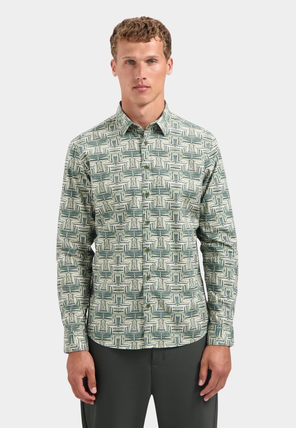 No Excess Casual hemd lange mouw Groen Shirt Stretch Allover Printed 29450701/052