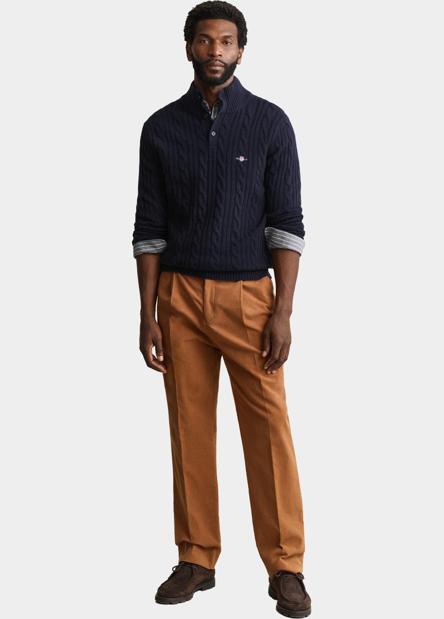 Gant Half Zip Blauw Lamswollen polotrui met kabel 8050325/433
