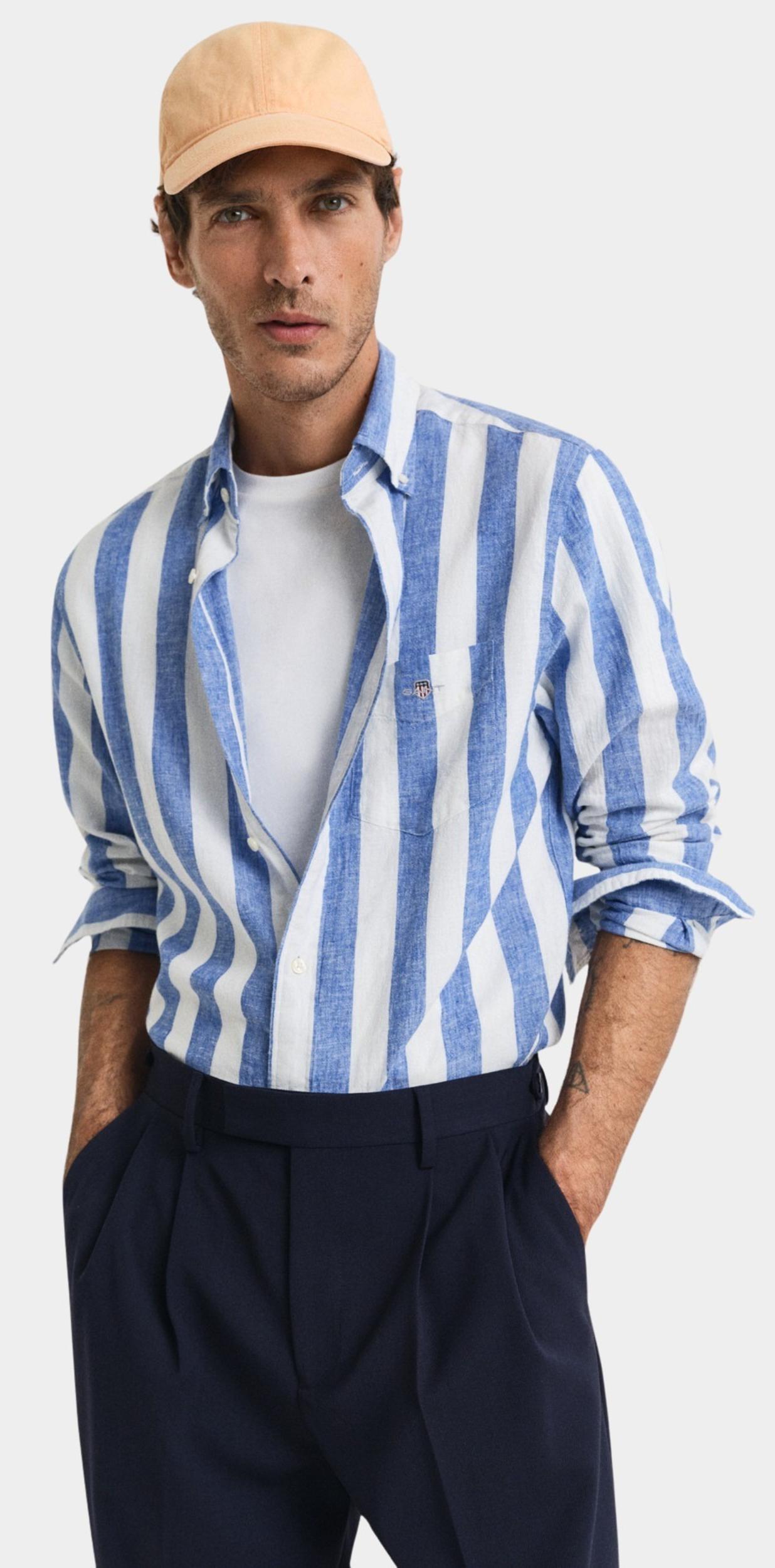 Gant Casual hemd lange mouw Blauw REG COTTON LINEN BOLD STRIPE 3250043/407