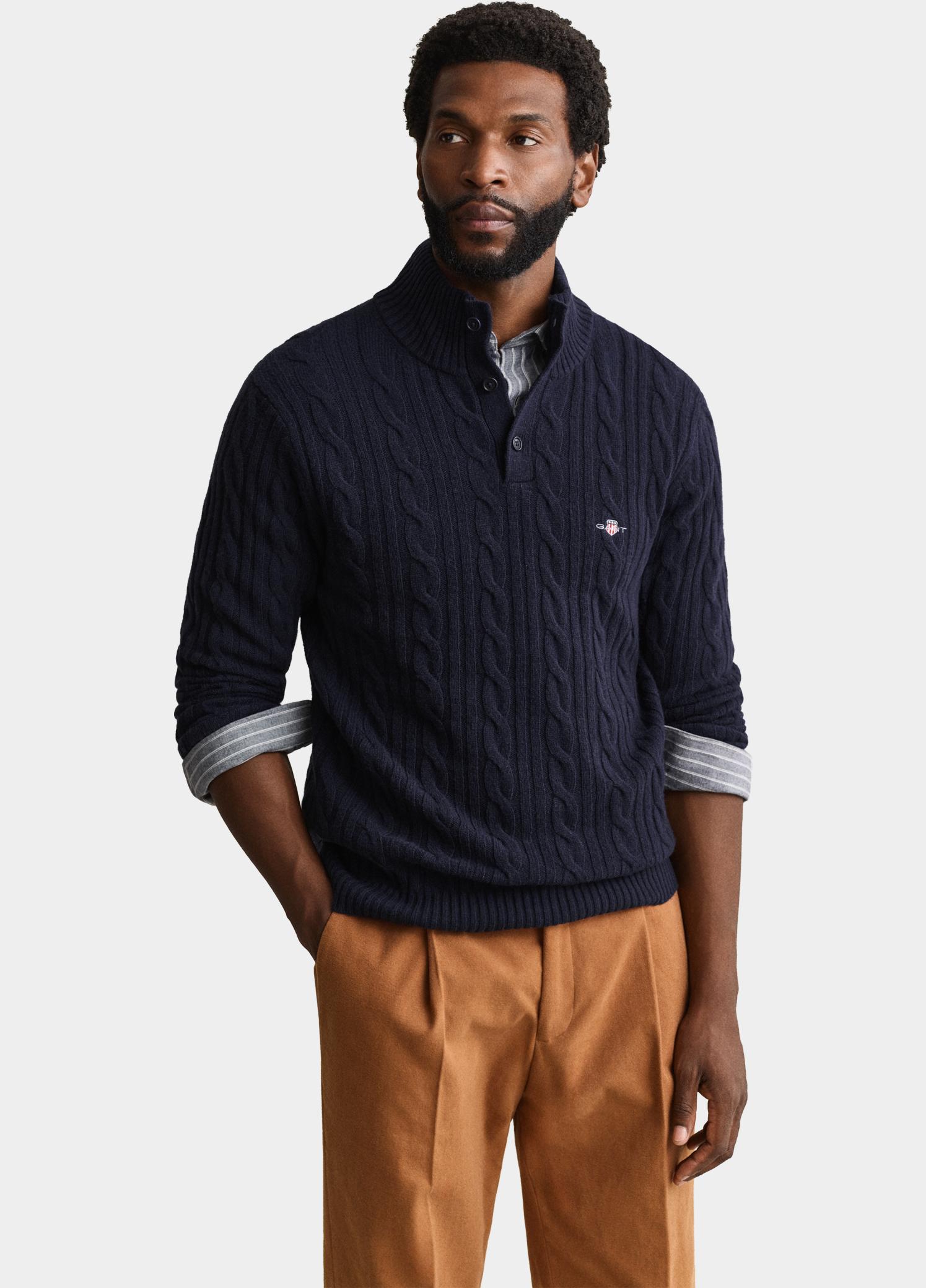 Gant Half Zip Blauw Lamswollen polotrui met kabel 8050325/433