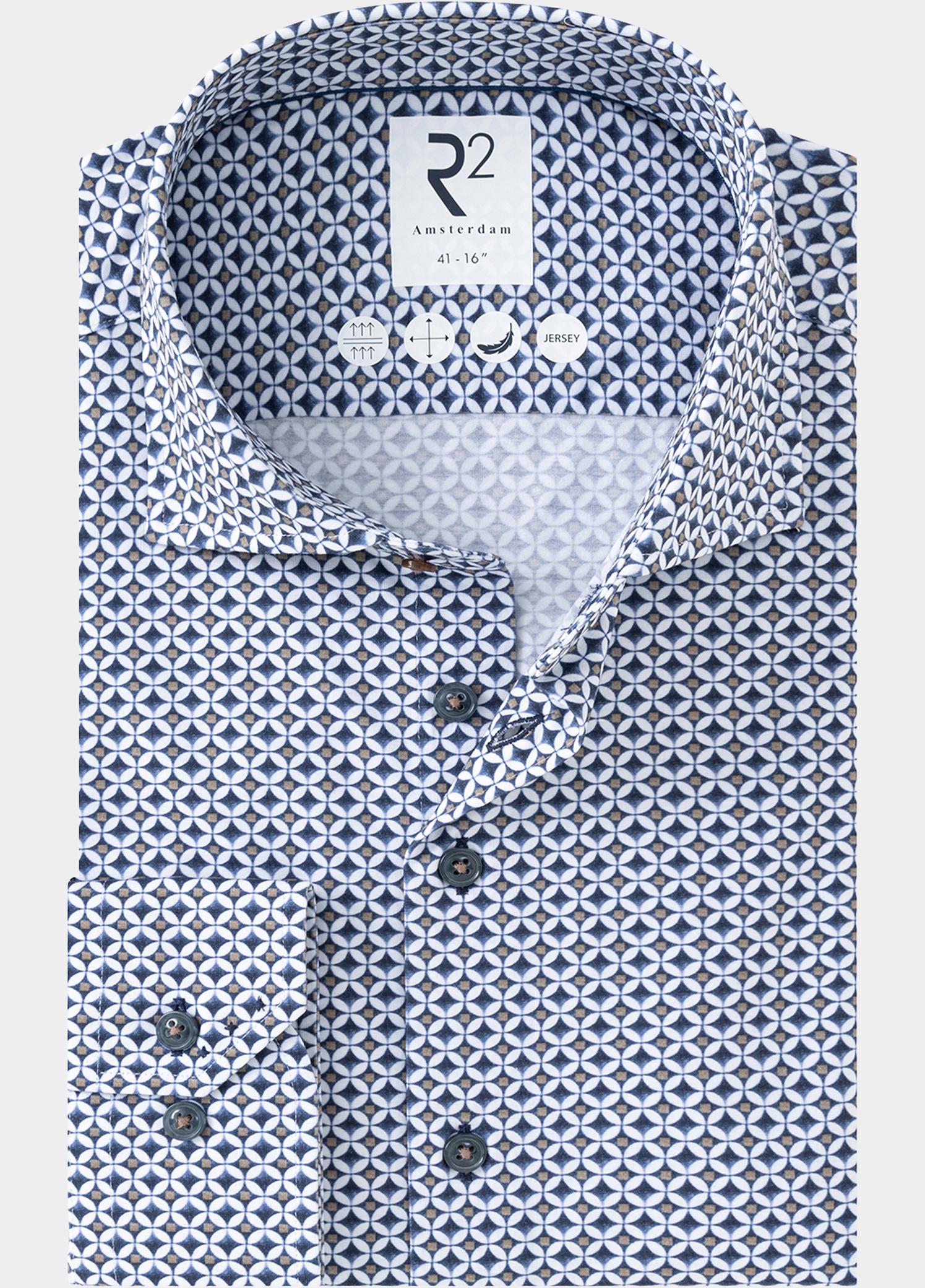 R2 Amsterdam Overhemd extra lange mouw Blauw Printed single jersey shirt 134.WSP.XLS.008/010