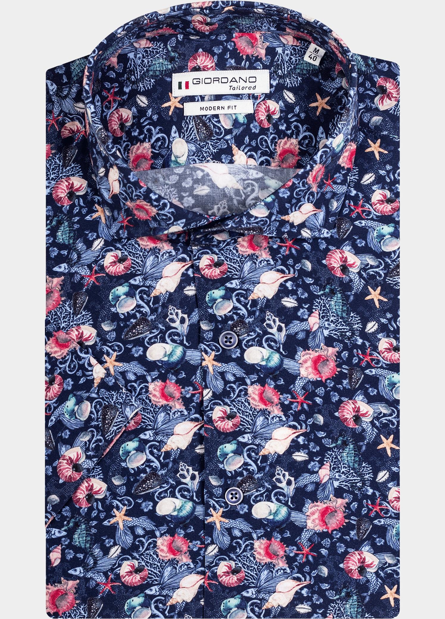 Giordano overhemd korte mouw heren Blauw Front, SS Cutaway Sea Life Pr 416821/60