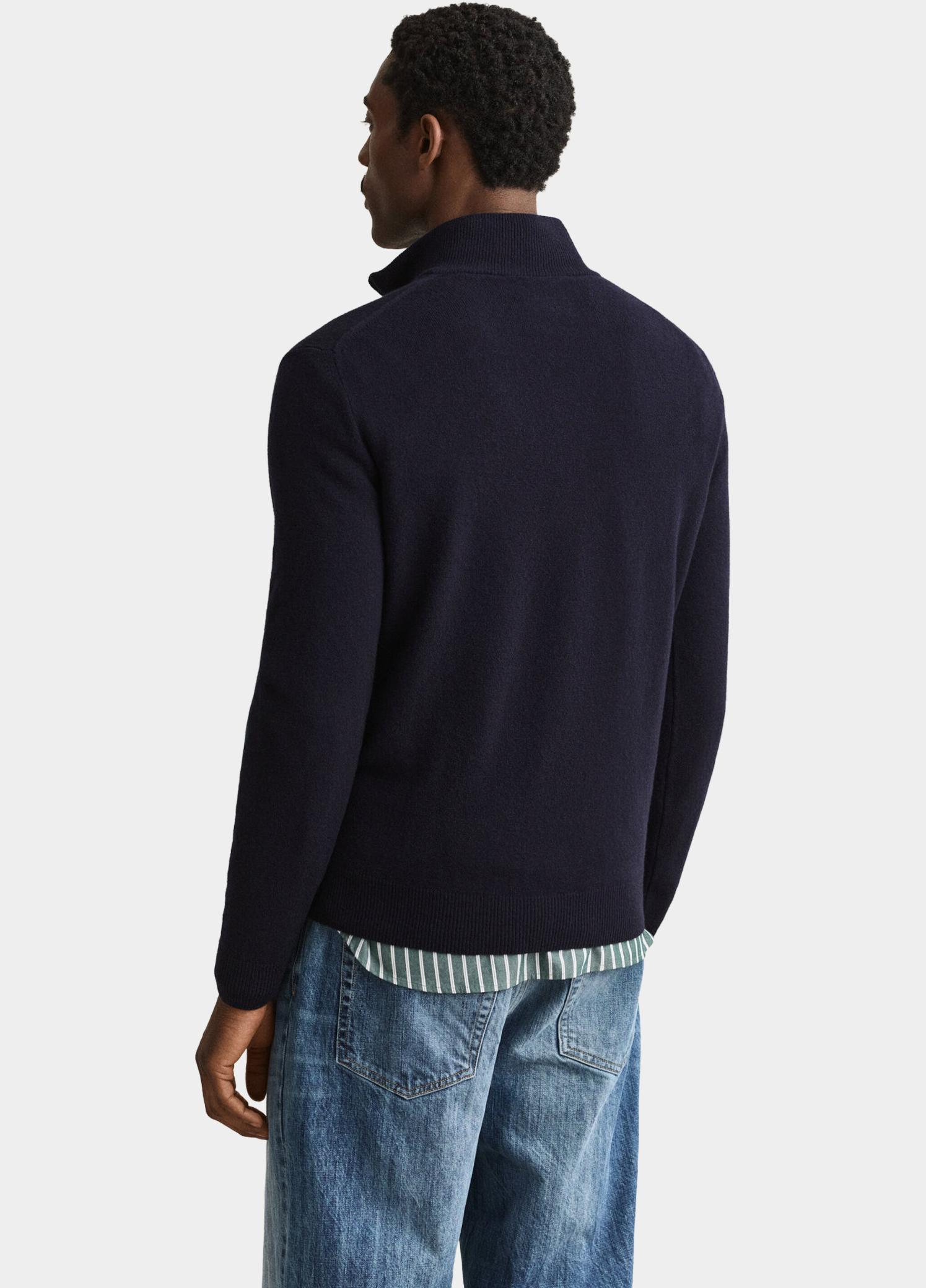 Gant Half Zip Blauw Lamswollen trui met korte rit 87313/410