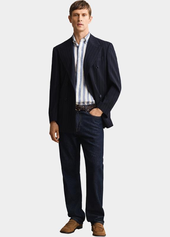 Gant overhemd korte mouw heren Blauw Gestreept overoverhemd met ko 3260020/442