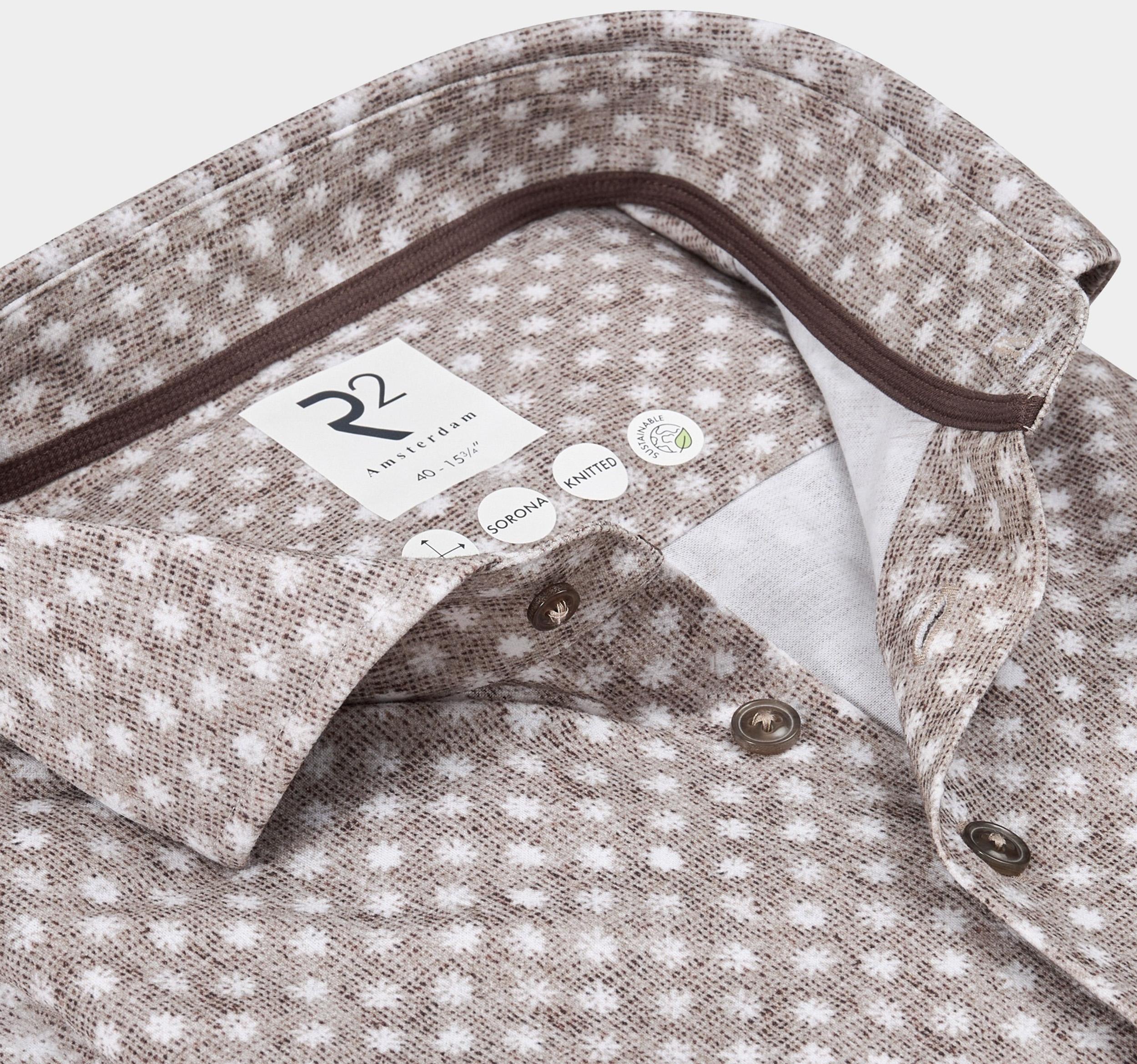 R2 Amsterdam Casual hemd lange mouw Bruin Beige white flowers on knitte 130.WSP.007/045
