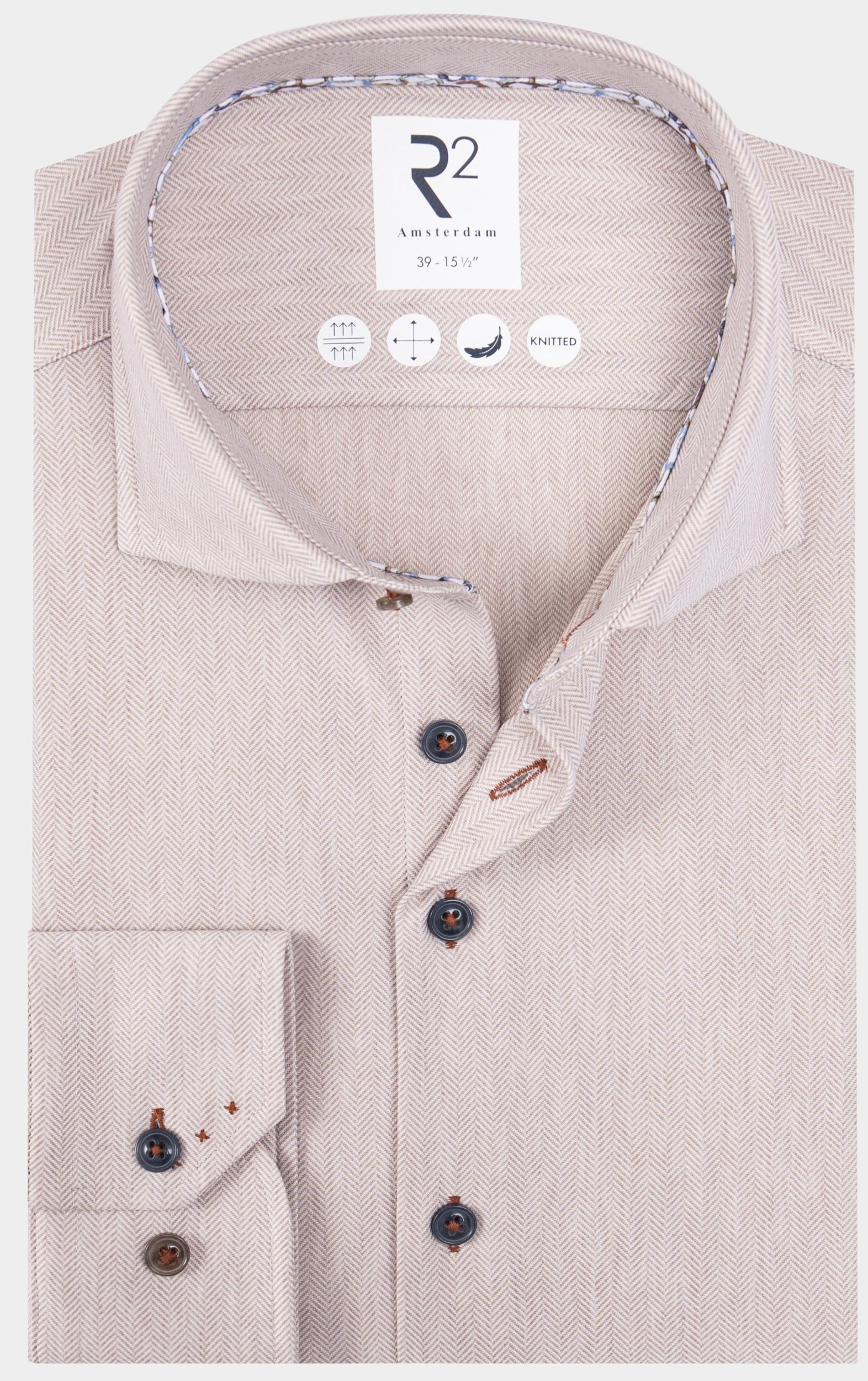 R2 Amsterdam Casual hemd lange mouw Beige Solid herringbone knitted 130.WSP.005/045