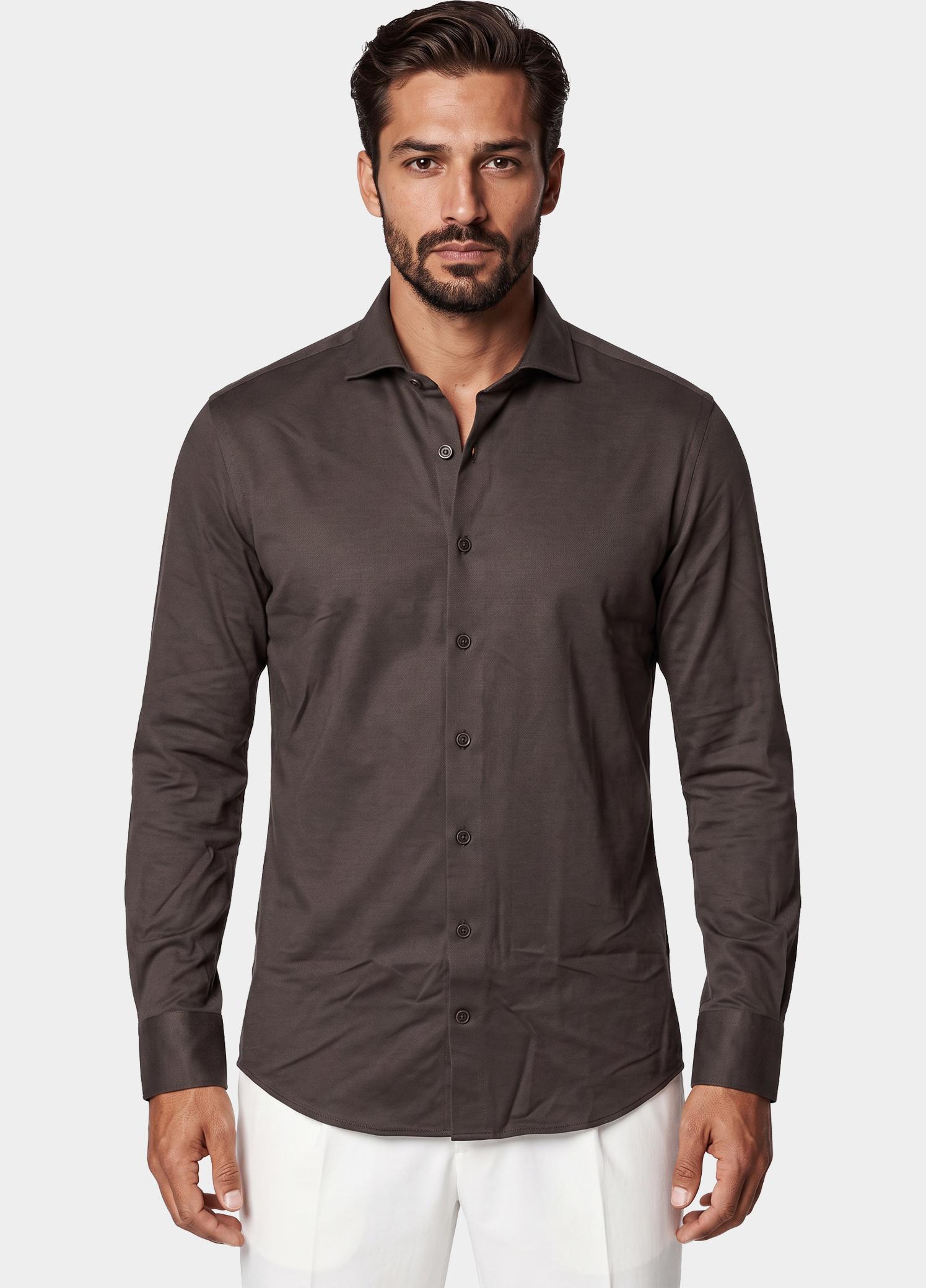 R2 Amsterdam Overhemd heren Bruin Knitted dobby shirt 134.WSP.009/041