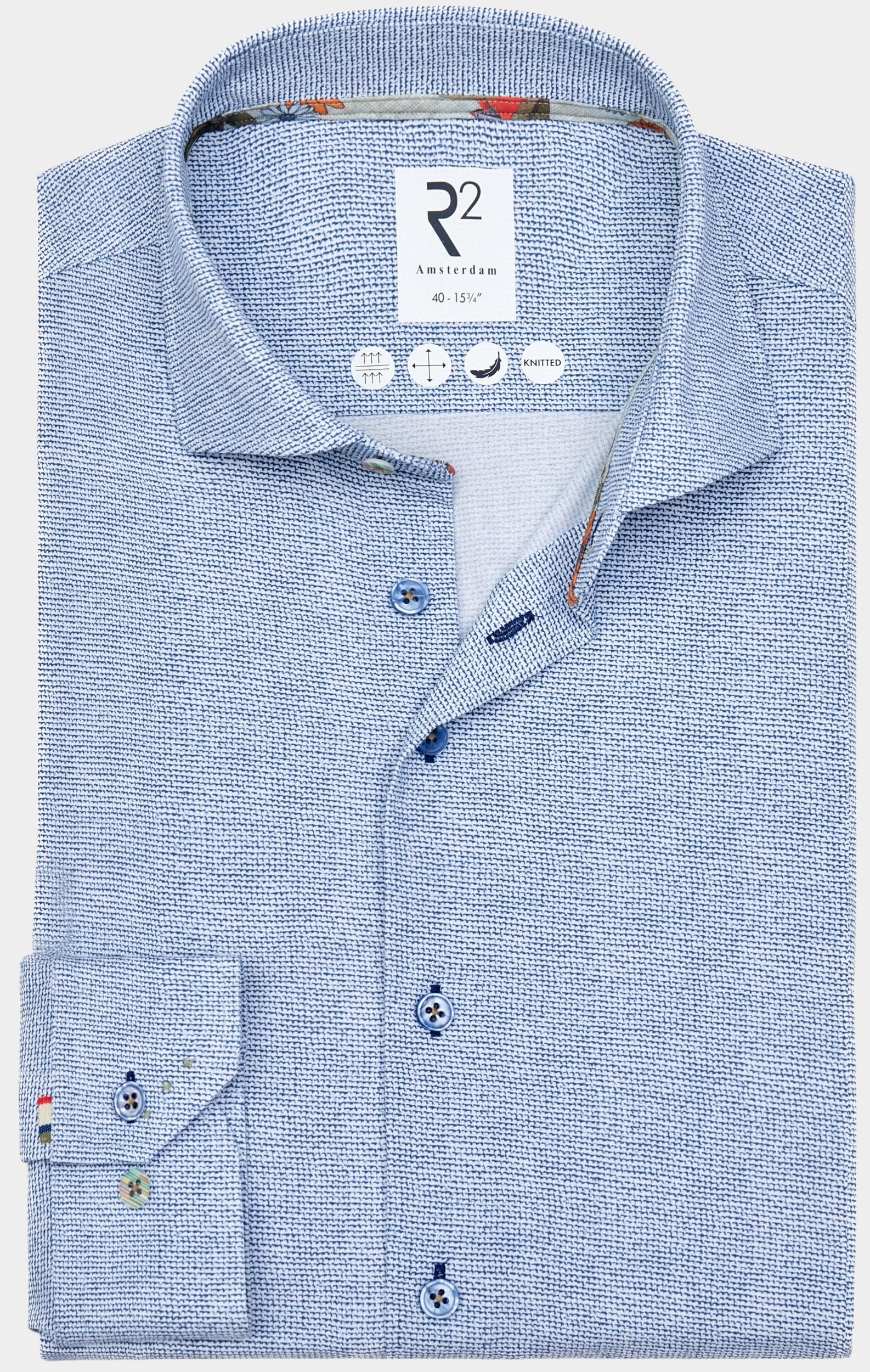 R2 Amsterdam Casual hemd lange mouw Blauw Mini print on Japanese knitte 128.WSP.002/014