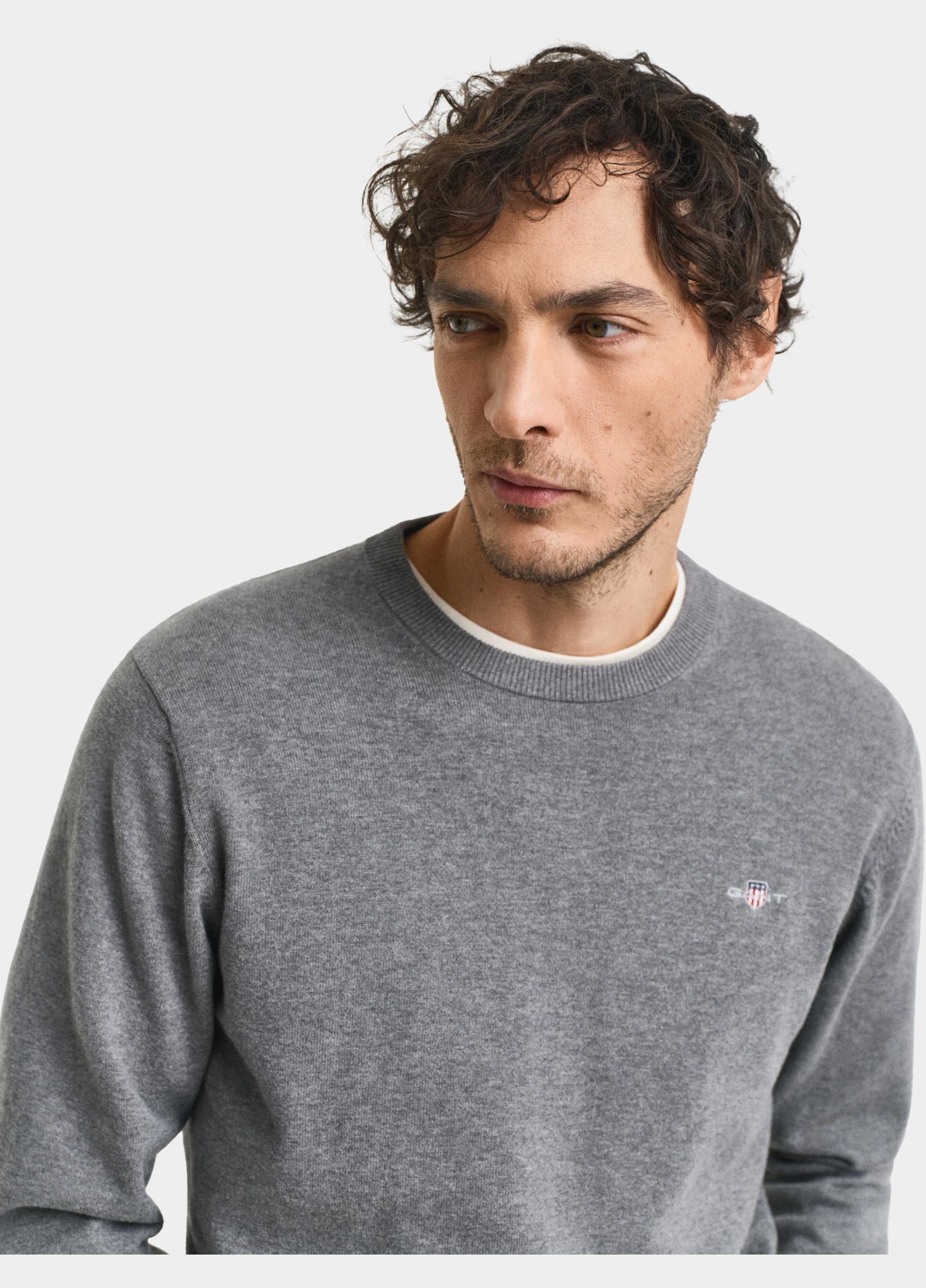Gant Pullover heren Grijs Katoenen trui met ronde hals 8030561/092