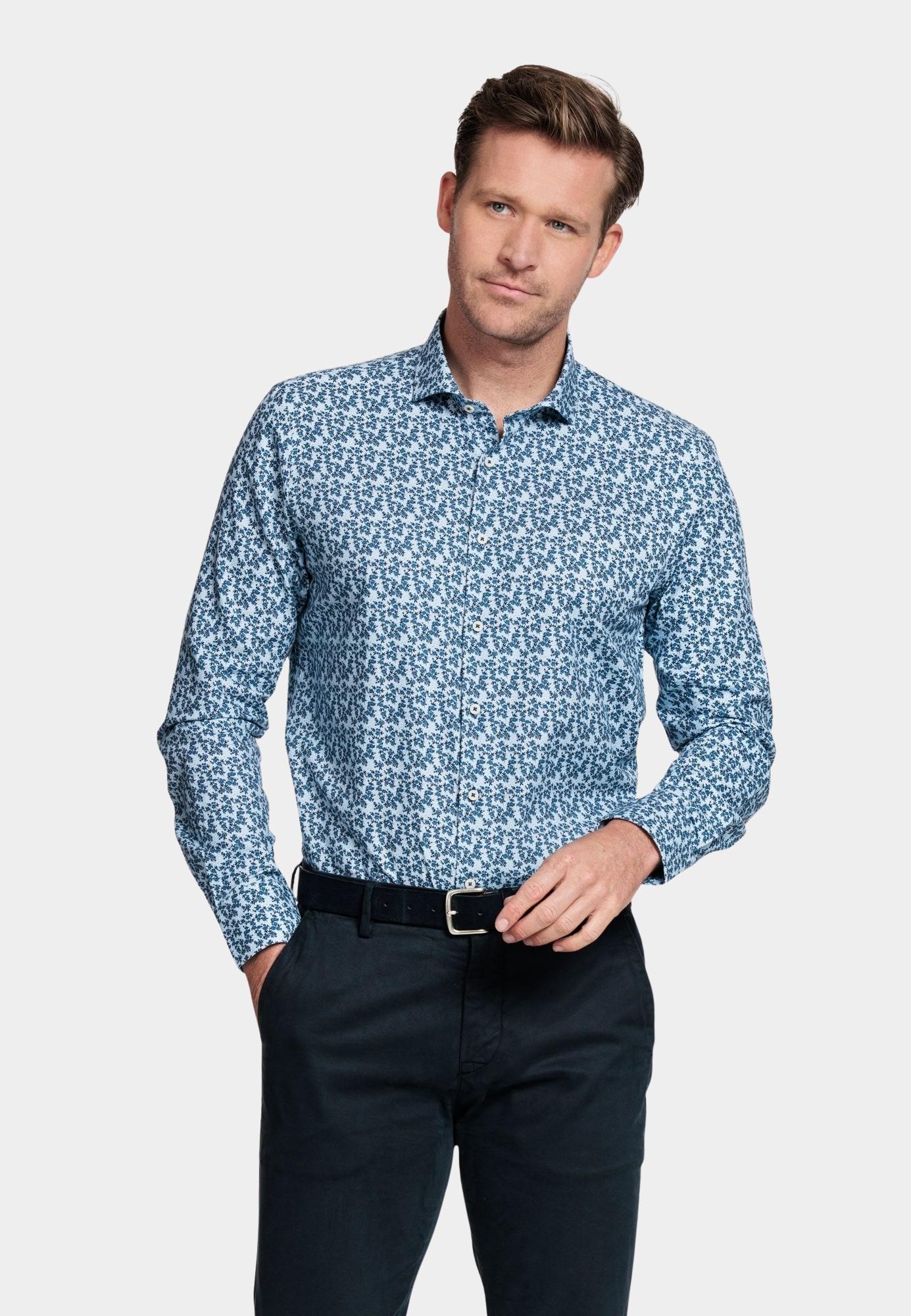 Giordano Casual hemd lange mouw Blauw Row, LS Cut Away Blue Flowers 327862/61