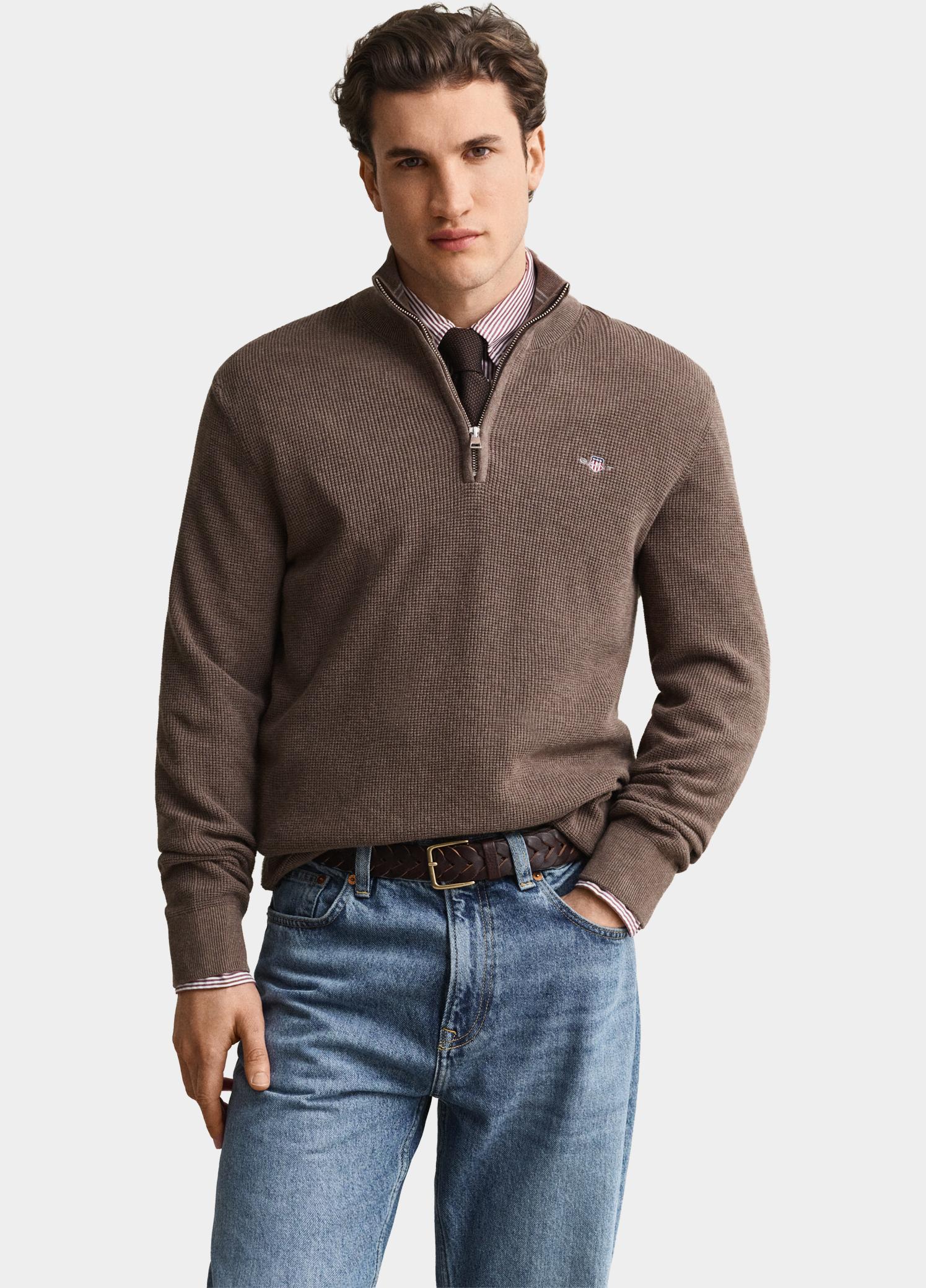 Gant Half Zip Bruin Katoenen Textured sweater met 8030292/294