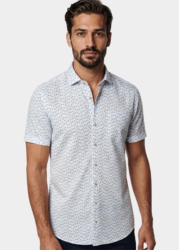 R2 Amsterdam Casual hemd korte mouw Blauw Blue flamingo seersucker shor 132.WSPSS.032/014