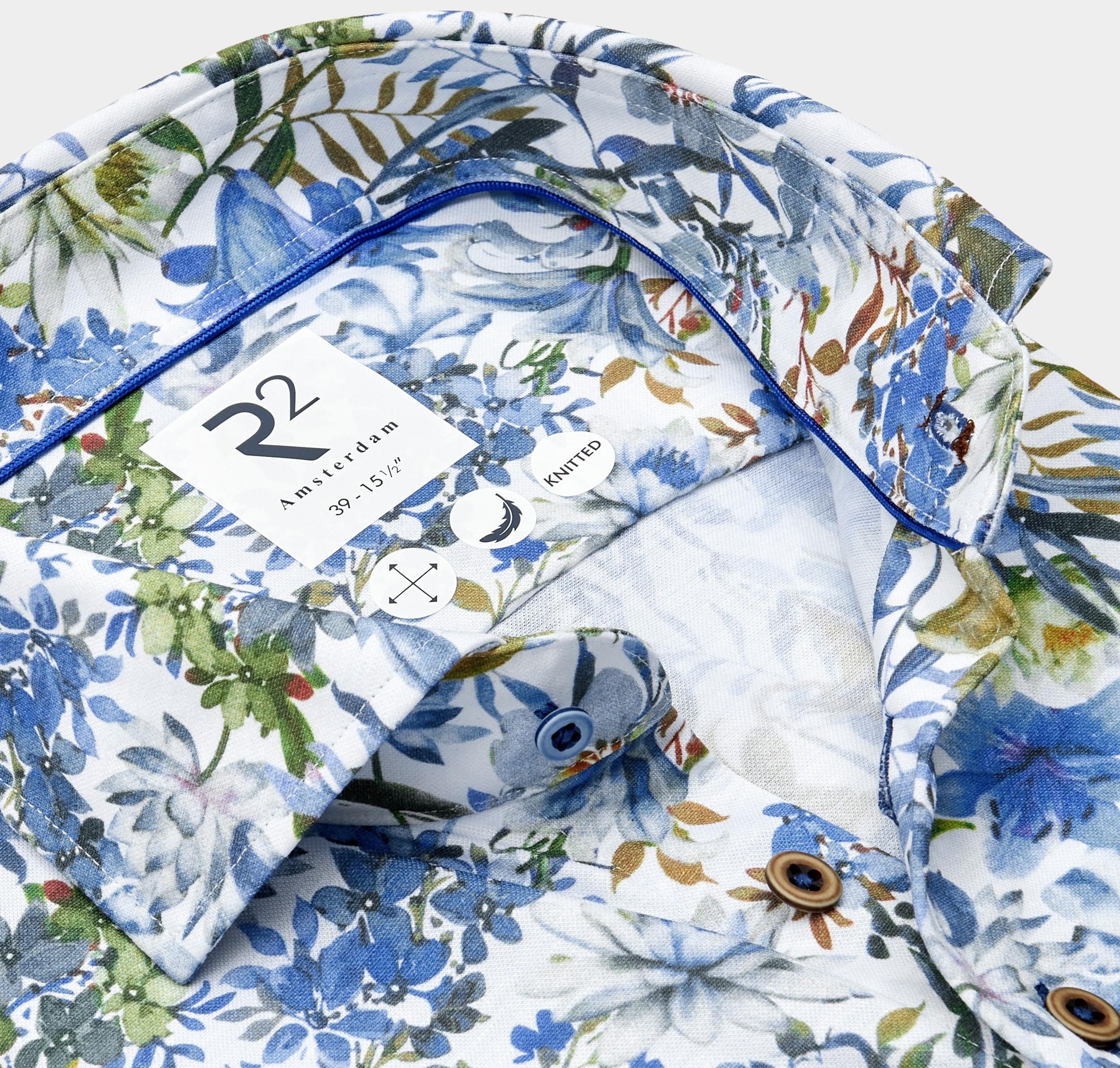 R2 Amsterdam Casual hemd lange mouw Blauw Blue flower print on cotton l 128.WSP.031/014
