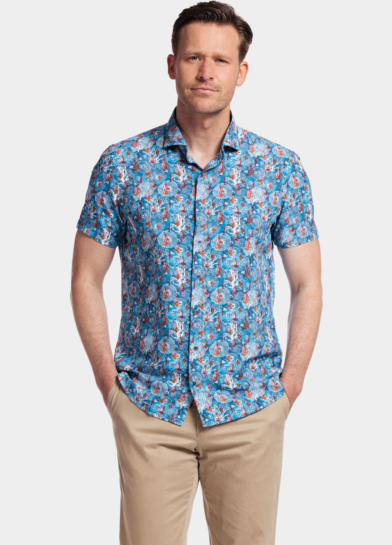 Giordano overhemd korte mouw heren Blauw Front, SS Cutaway Sea Life Pr 416821/64