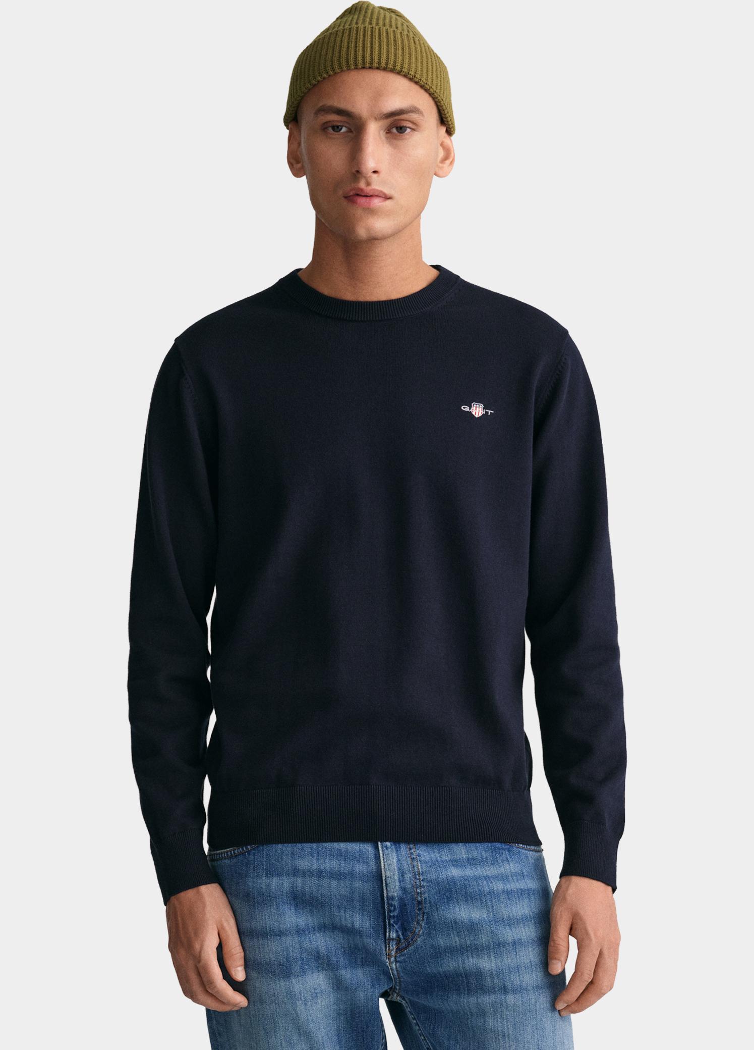 Gant Pullover heren Blauw Katoenen trui met ronde hals 8030561/433