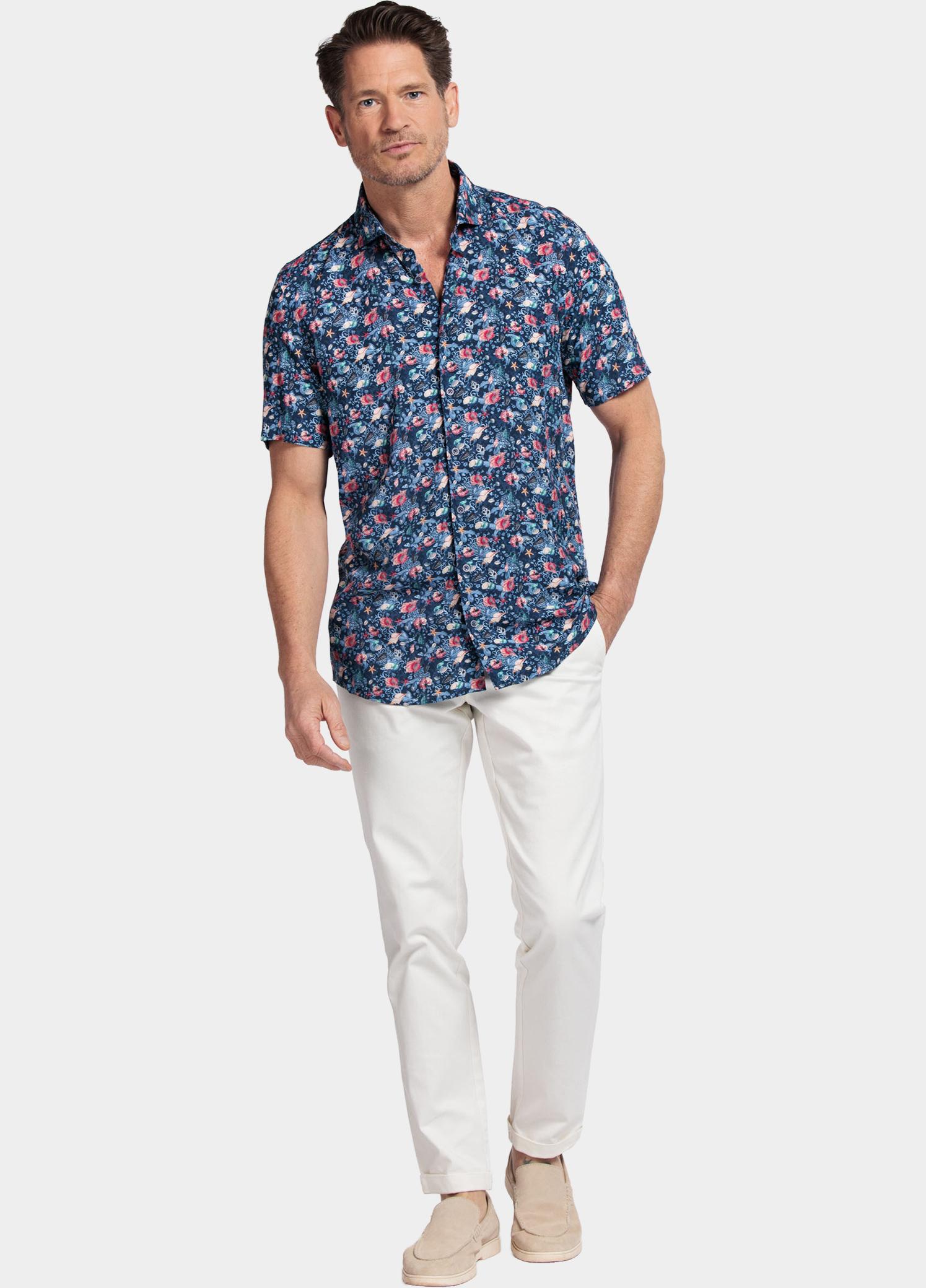 Giordano overhemd korte mouw heren Blauw Front, SS Cutaway Sea Life Pr 416821/60