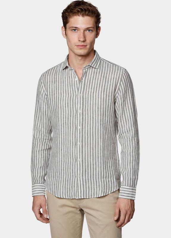 Blue Coast Overhemd heren Bruin 100% linnen, lichtblauw streep 118R4/0009