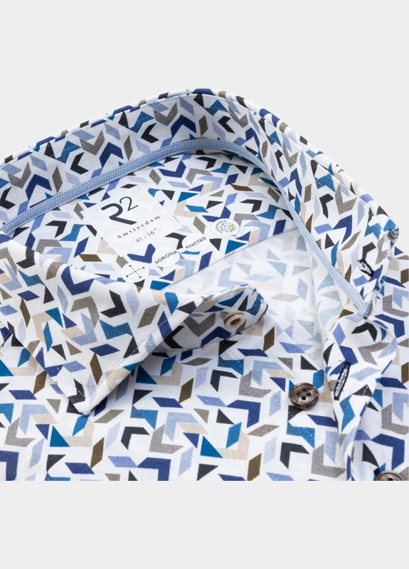 R2 Amsterdam Casual hemd lange mouw Blauw Blue beige graphic print cott 132.WSP.002/014