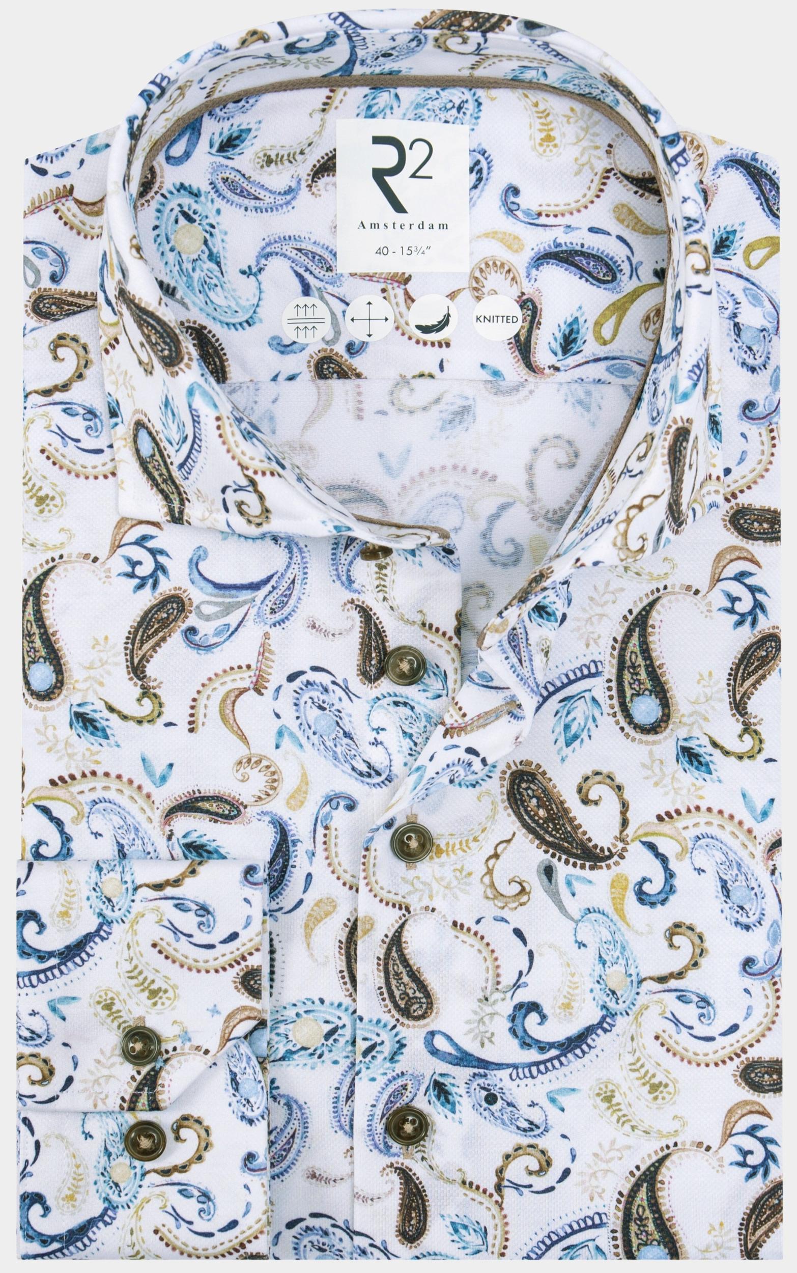 R2 Amsterdam Overhemd extra lange mouw Beige Beige paisley print on knitte 130.WSP.XLS.009/045