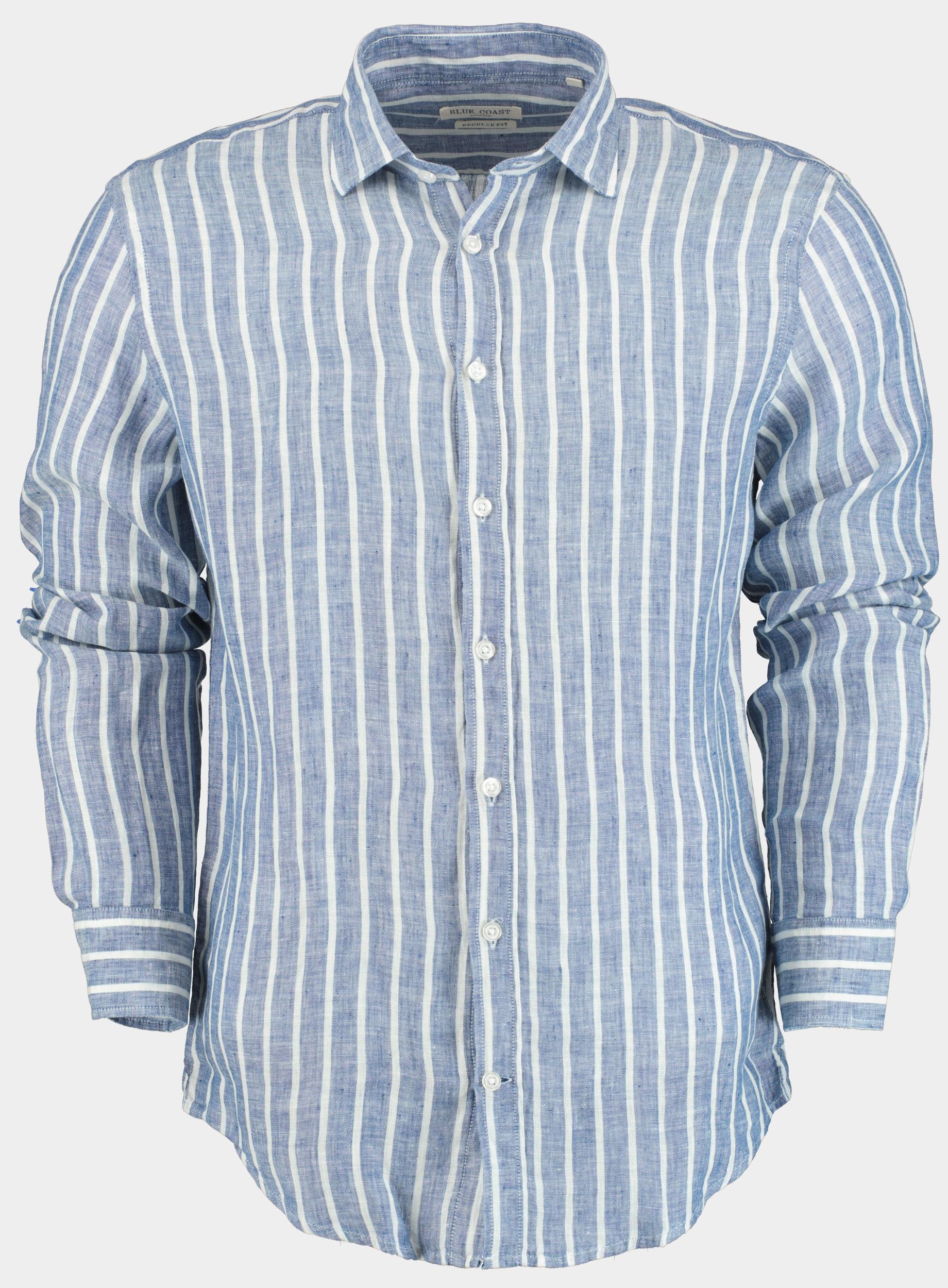 Blue Coast Casual hemd lange mouw Blauw 100% linnen, met witte streep 118R3/0018 marino