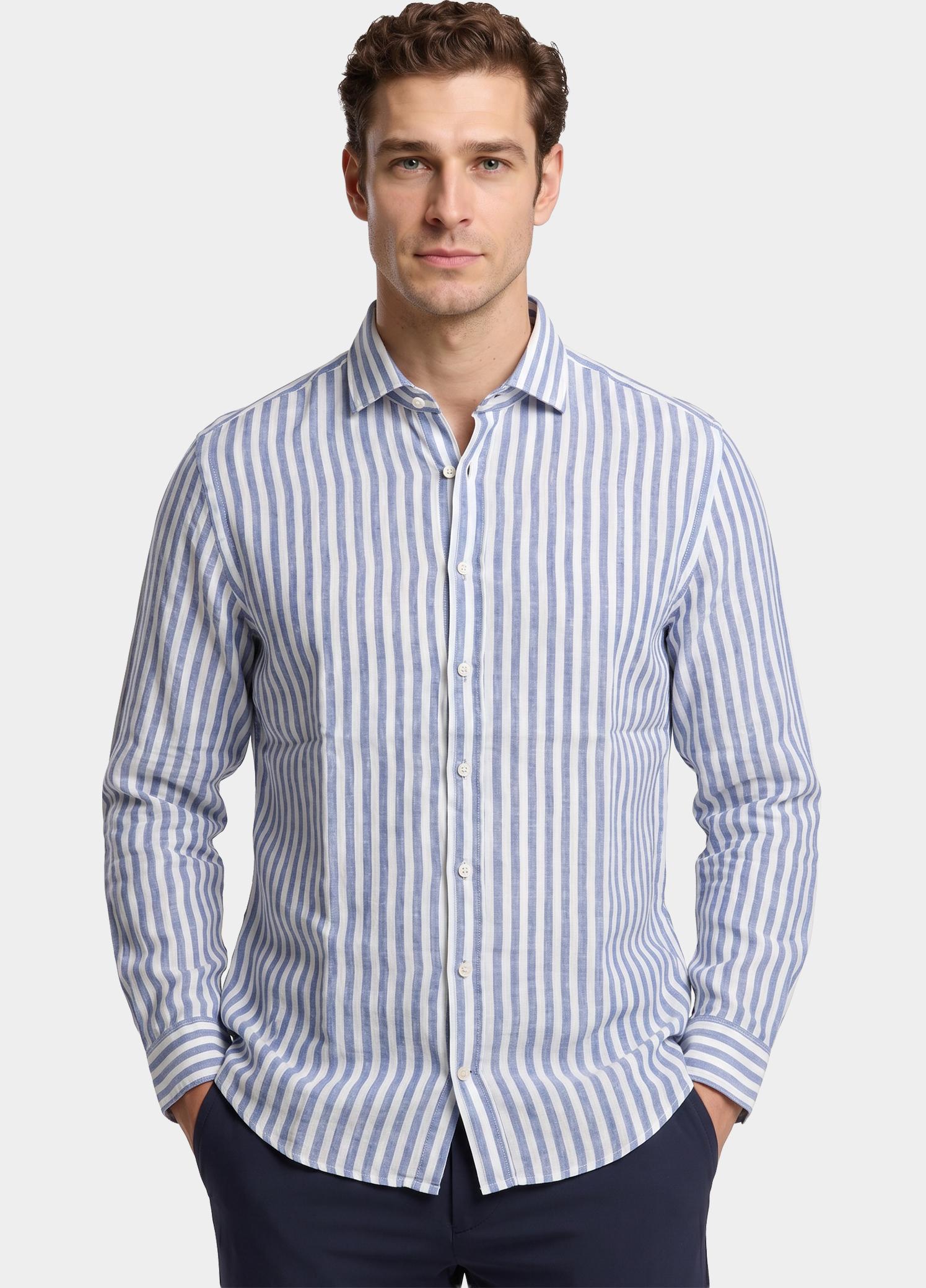 Blue Coast Overhemd heren Blauw 100% linnen, lichtgroen streep 118R4/0018