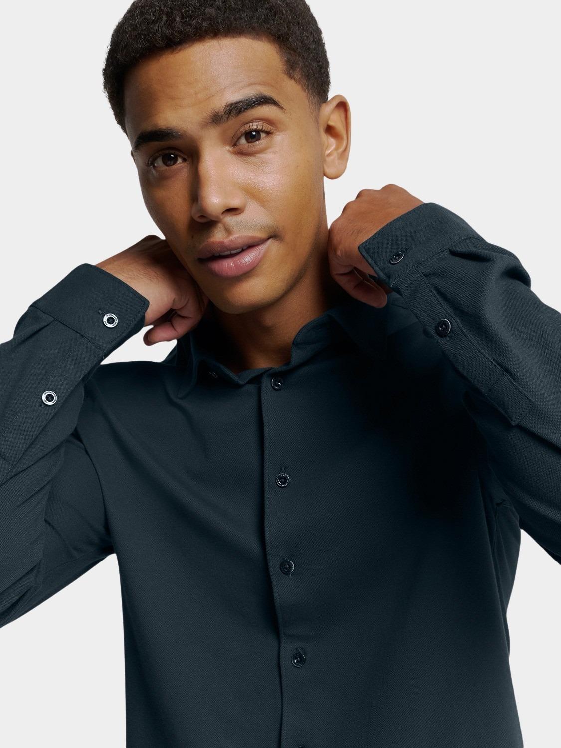 No Excess Casual hemd lange mouw Blauw Shirt Jersey Pique Stretch N4186/078