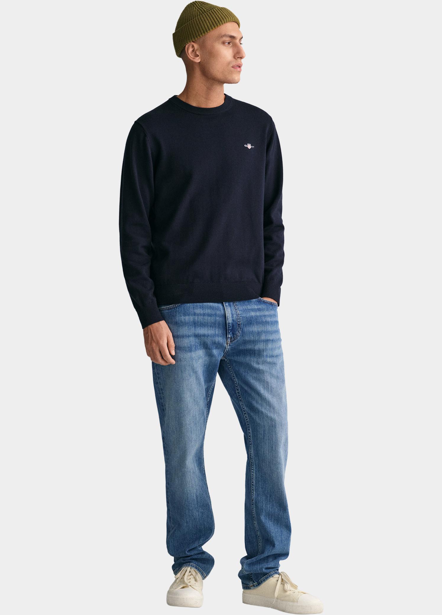 Gant Pullover heren Blauw Katoenen trui met ronde hals 8030561/433
