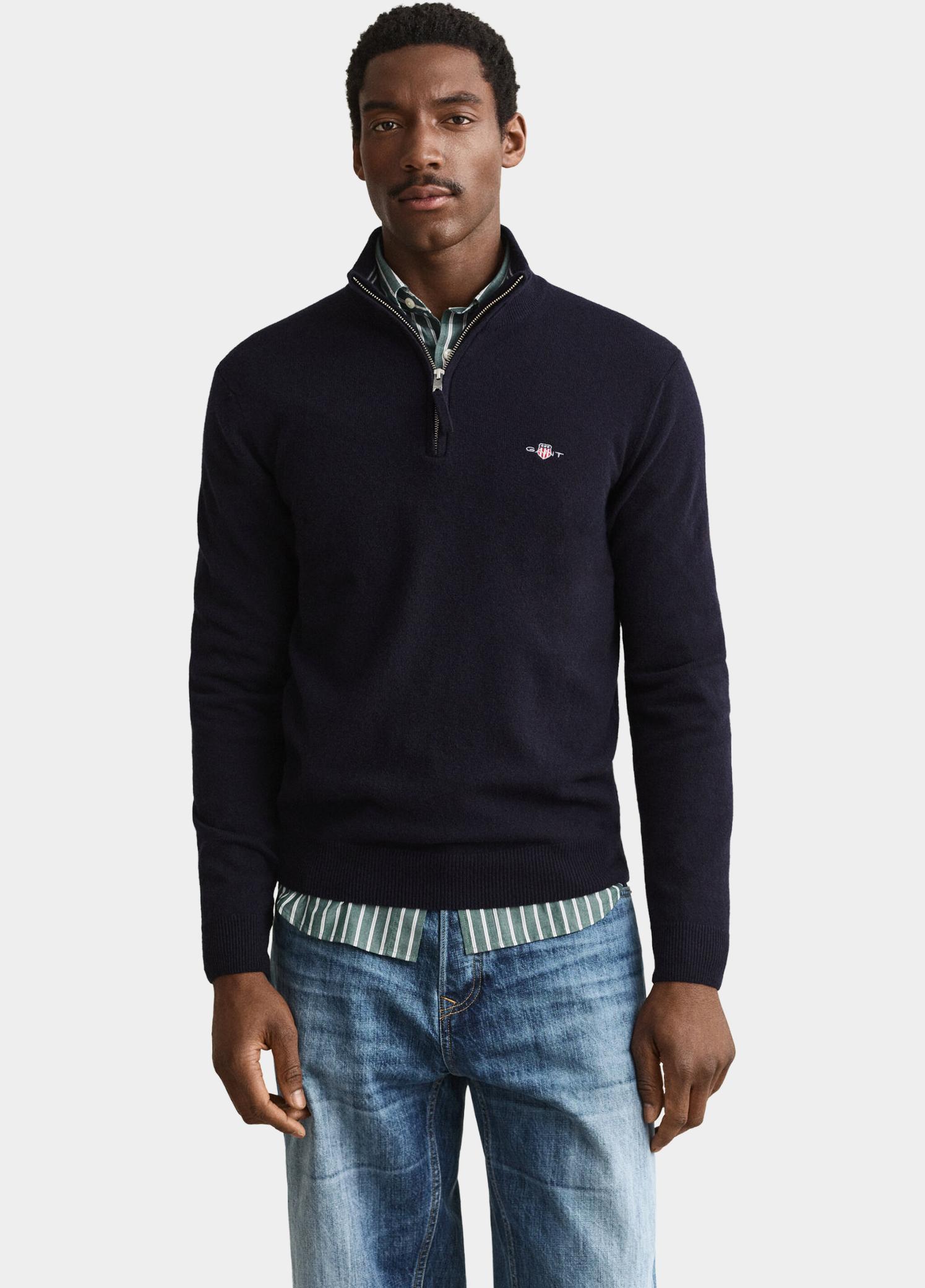 Gant Half Zip Blauw Lamswollen trui met korte rit 87313/410